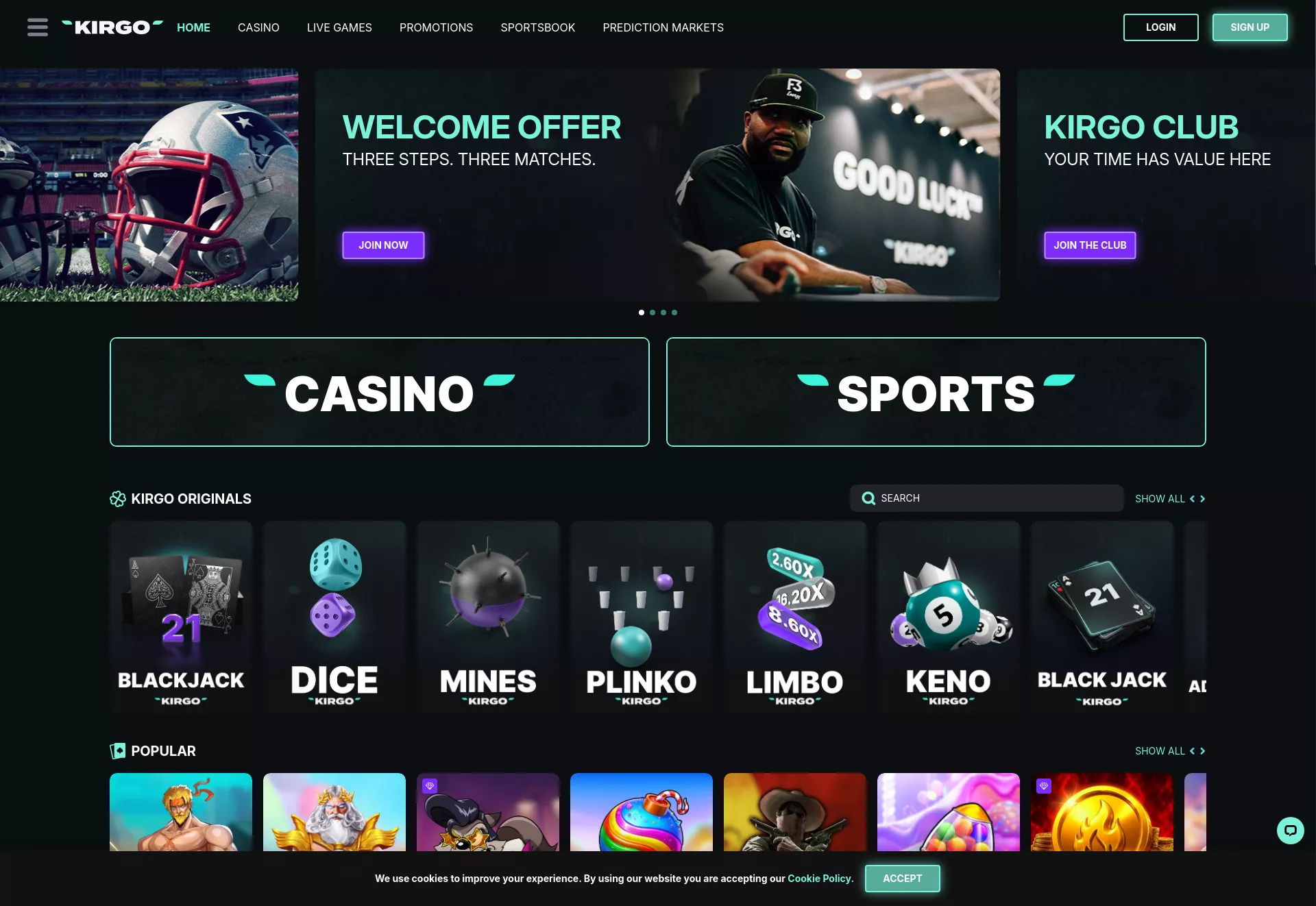 Desktop screen. Kirgo Casino Up to $1200 + 200 FS