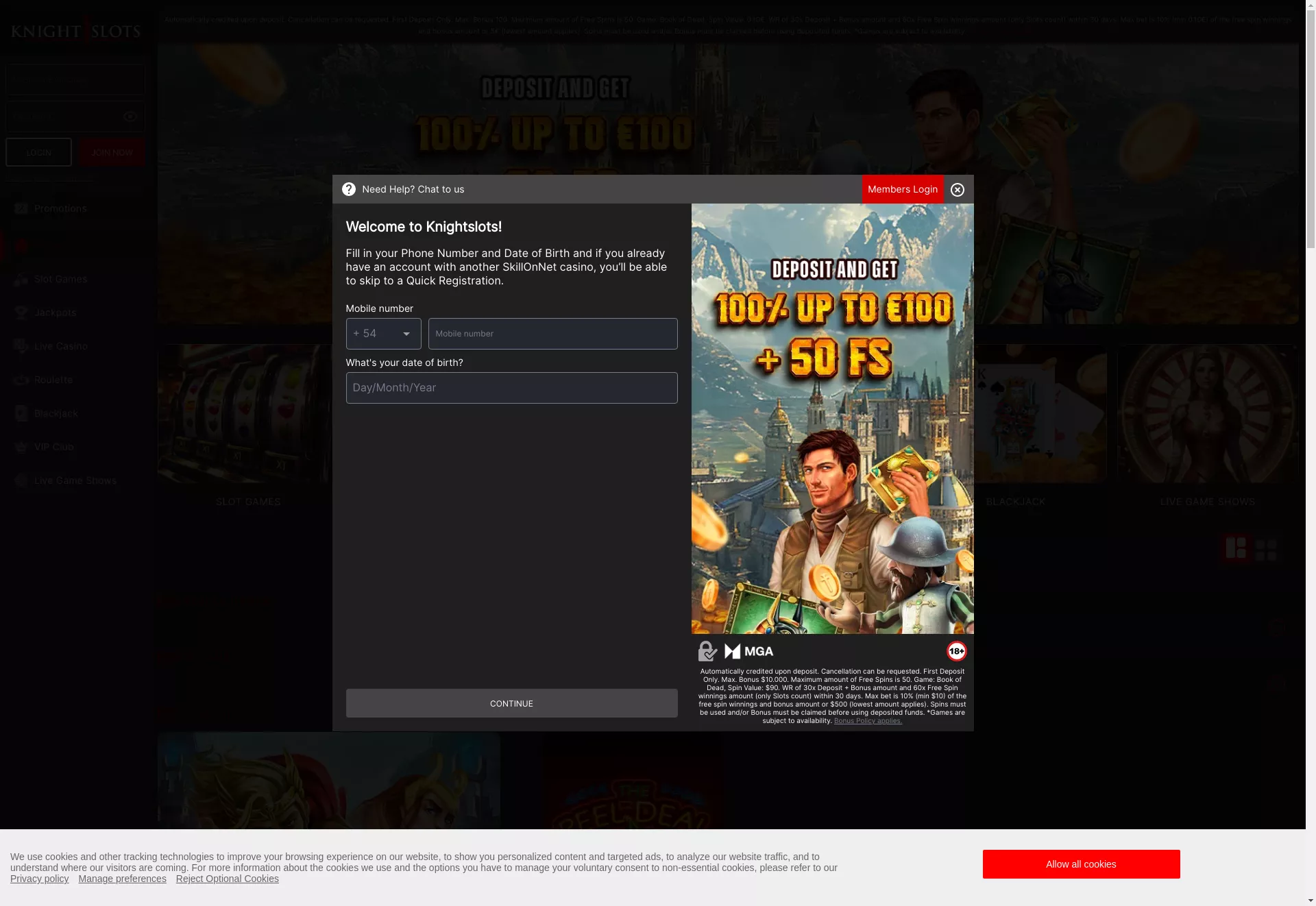 Desktop screen. Knight Slots 100% up to $100 + 50 FS