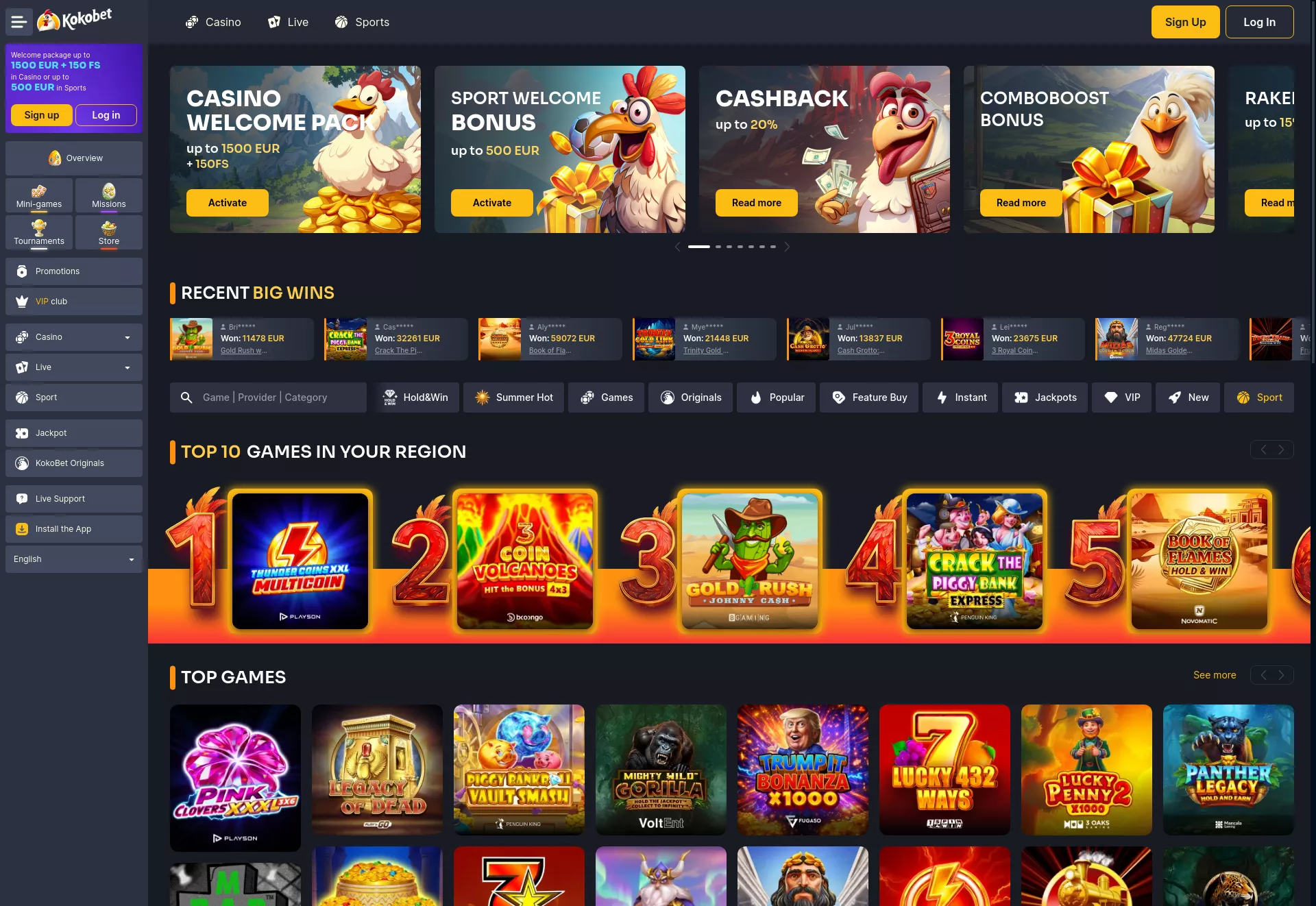 Desktop screen. Kokobet Casino Up to $1500 + 150 FS