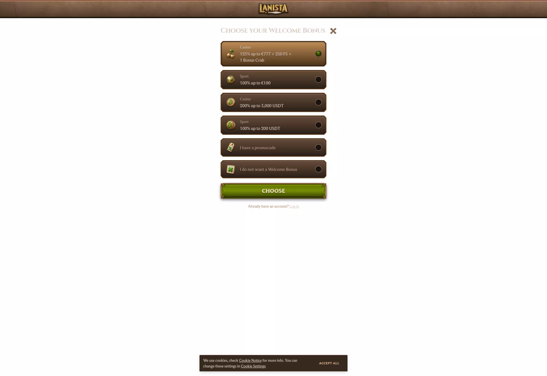 Desktop screen. Lanista 125% up to $777 + 250 FS + 1 Bonus Crab