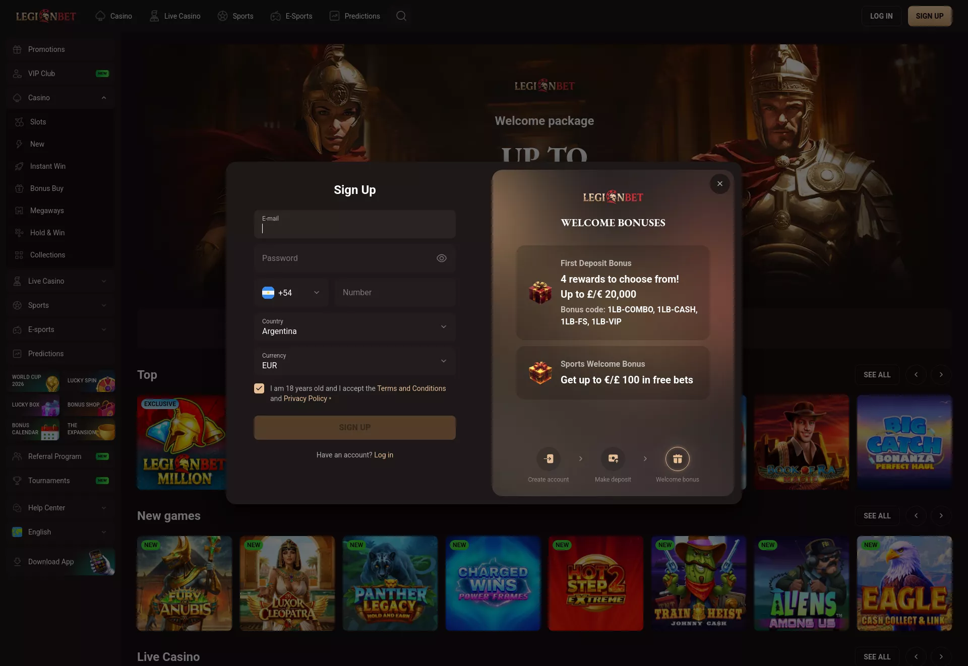 Desktop screen. LegionBet Get 30 FS