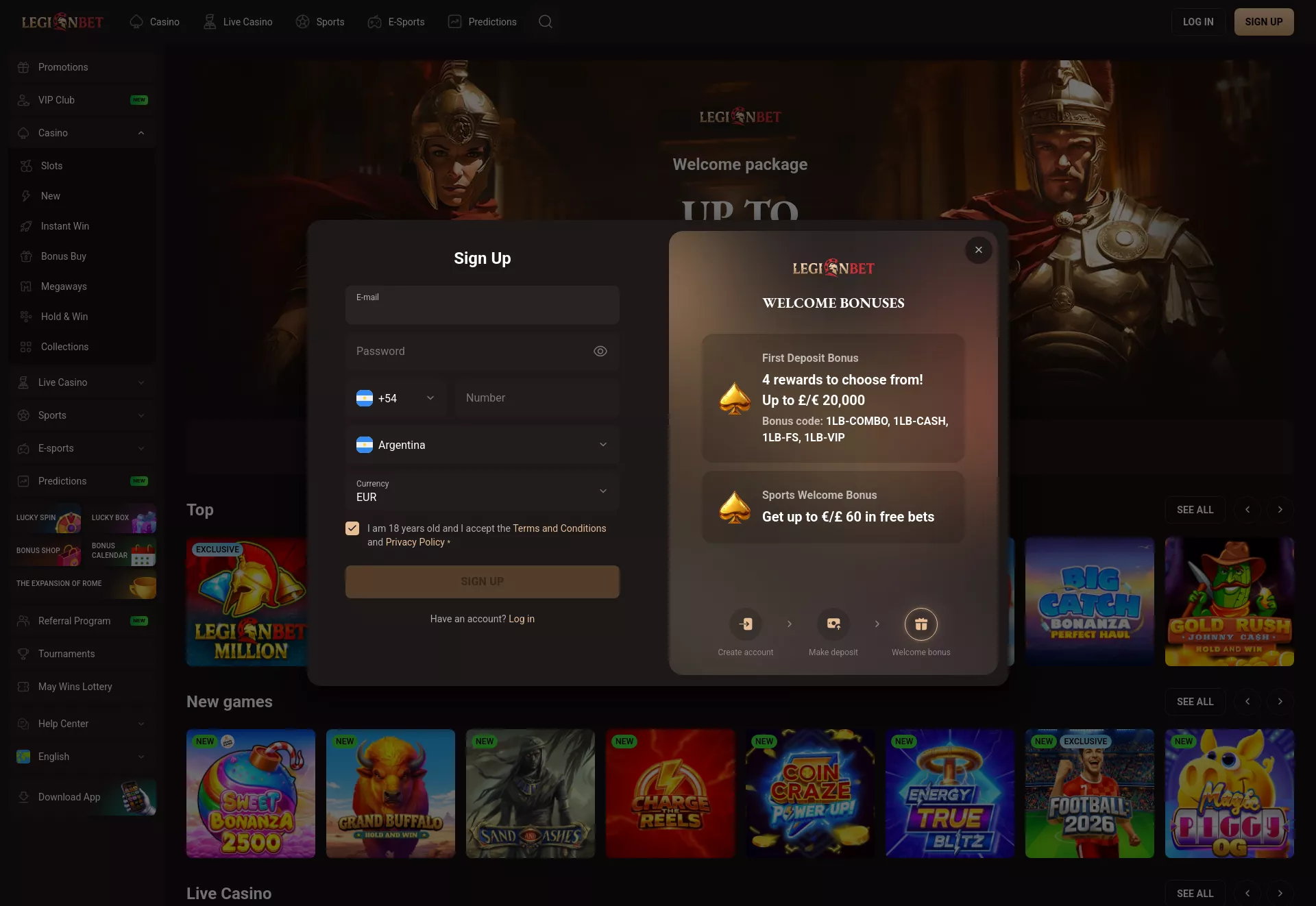 Desktop screen. LegionBet Up to $16000 + 225 FS