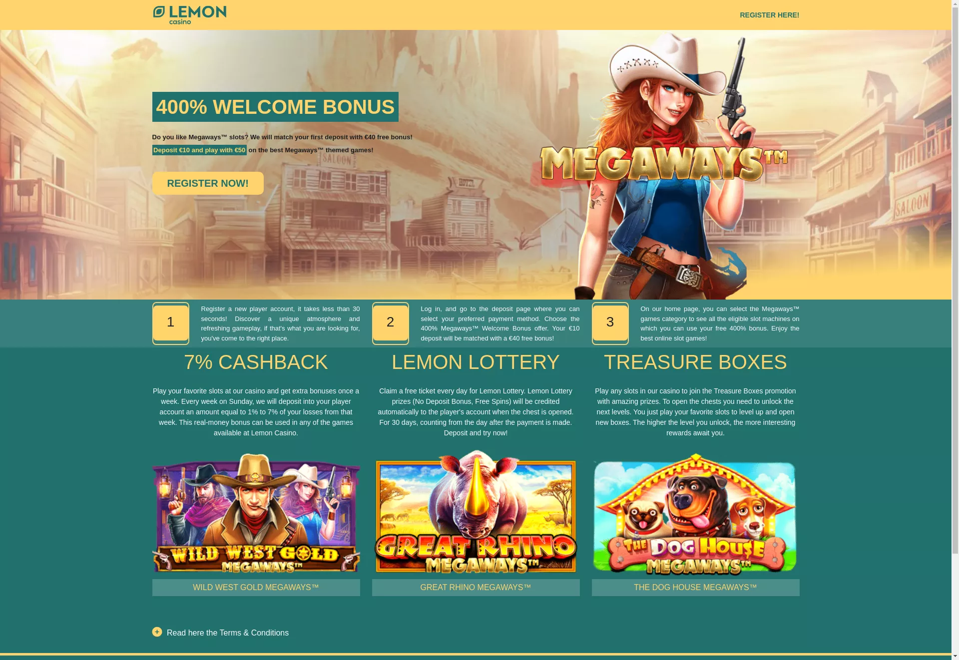 Desktop screen. Lemon Casino 100% up to $300 + 100 FS