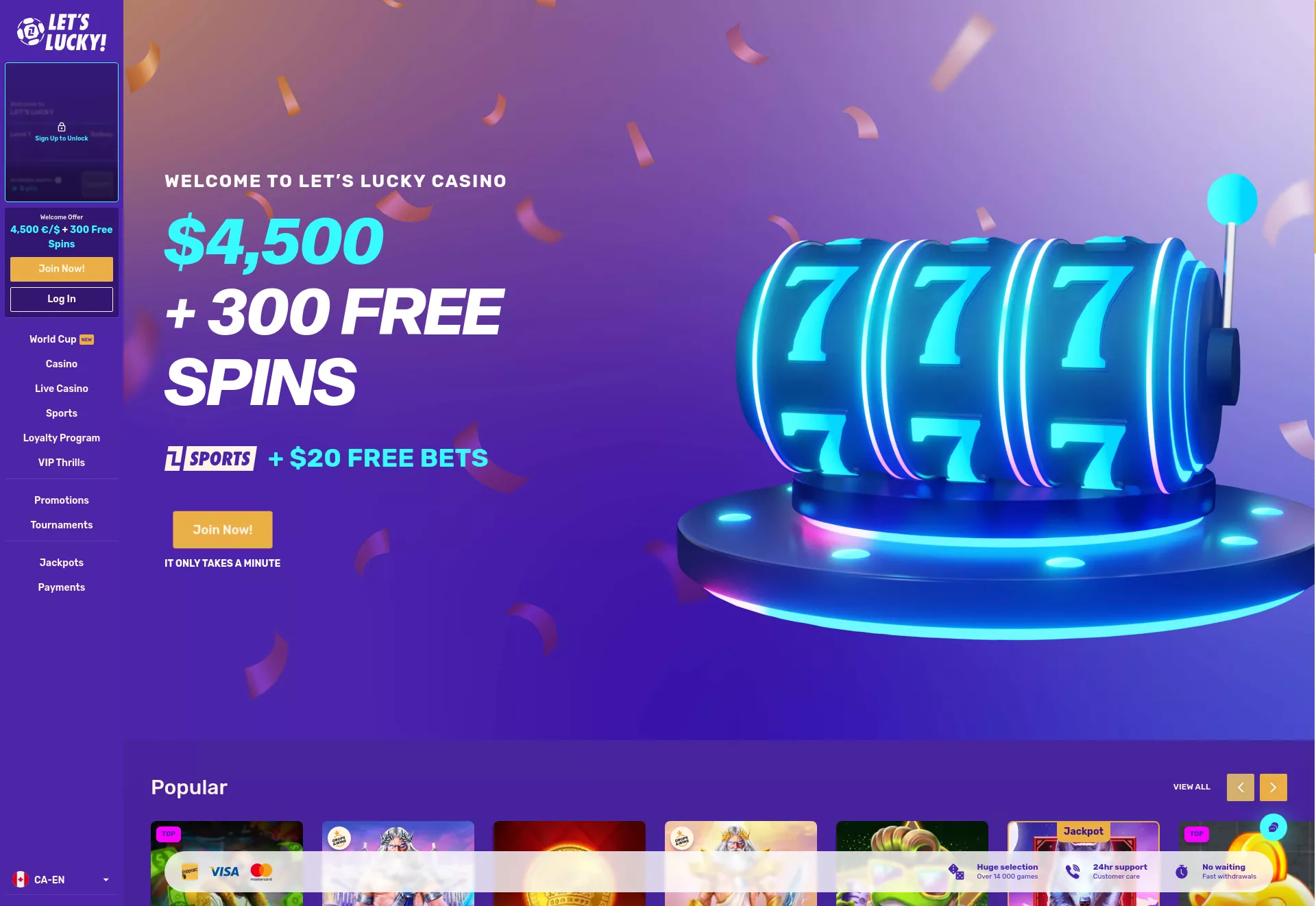 Desktop screen. Lets Lucky Up to $4500 + 300 FS
