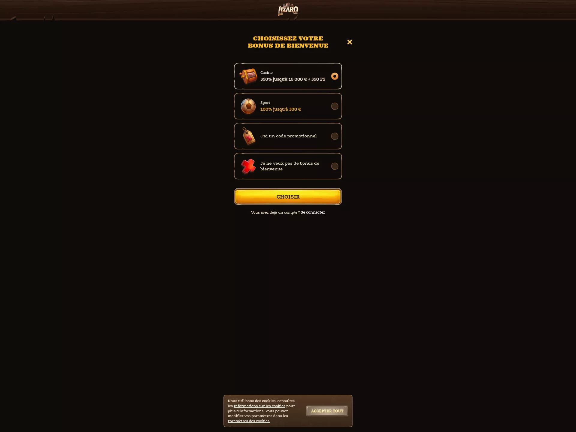 Desktop screen. Lizaro Up to €3000 + 350 FS + 1 Bonus Crab