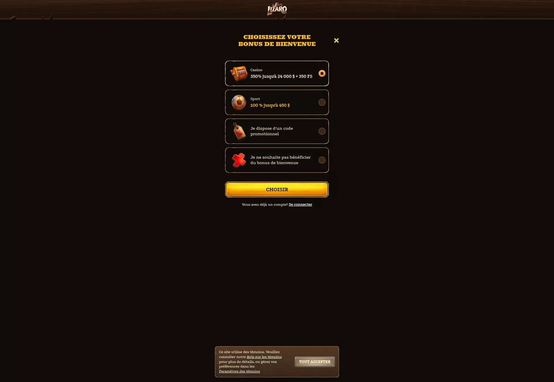 Desktop screen. Lizaro Up to C$4500 + 350 FS + 1 Bonus Crab