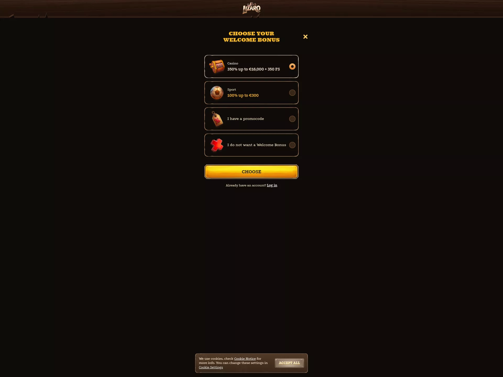 Desktop screen. Lizaro Up to €3000 + 350 FS + 1 Bonus Crab