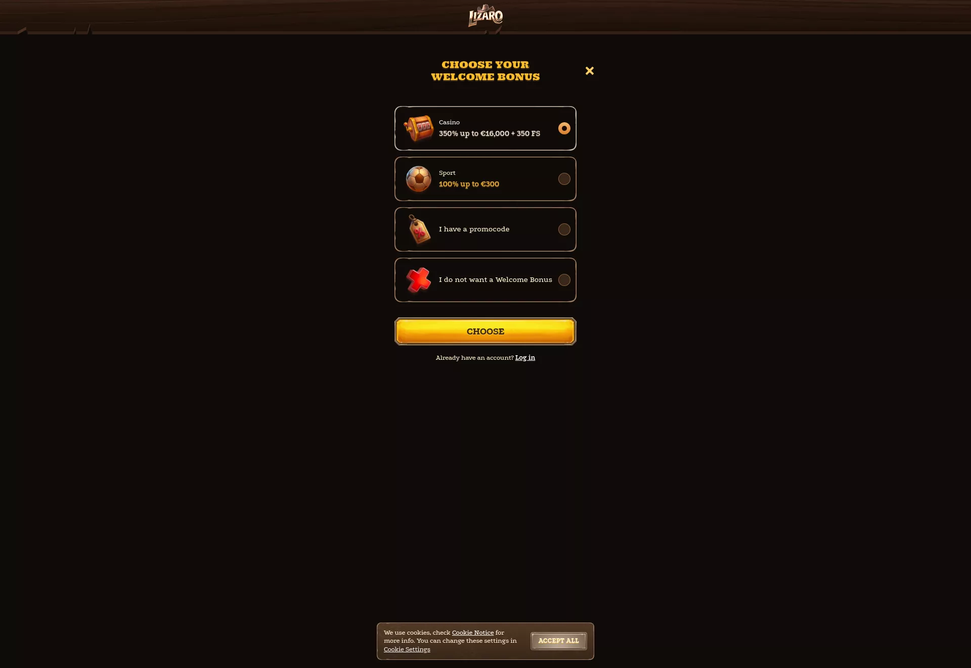 Desktop screen. Lizaro Bis zu €3000 + 350 FS + 1 Bonus Crab