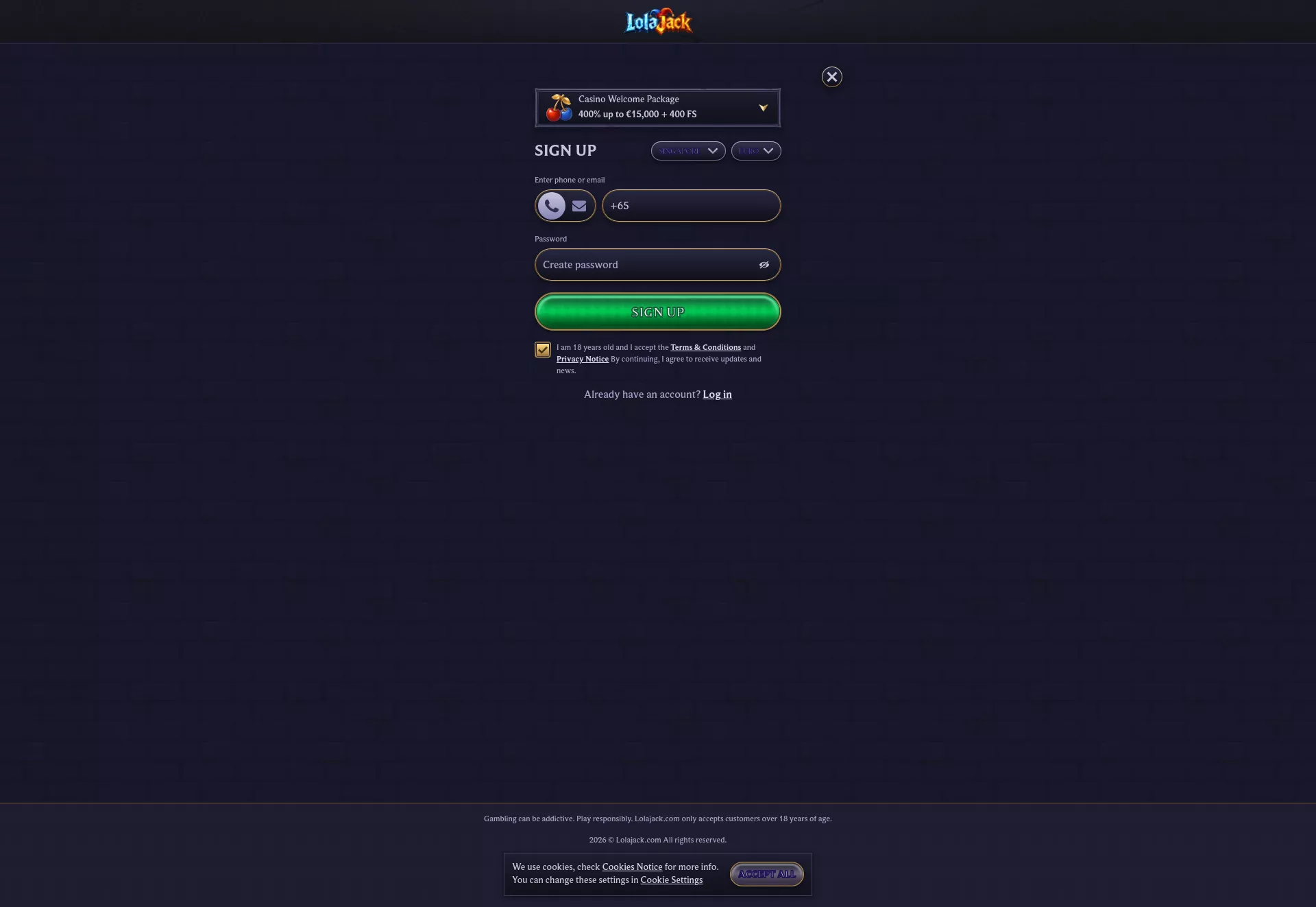 Desktop screen. LolaJack Up to $15000 + 400 FS