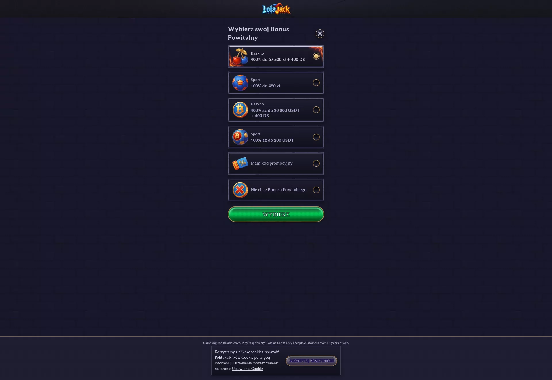 Desktop screen. LolaJack Up to zł67500 + 400 FS