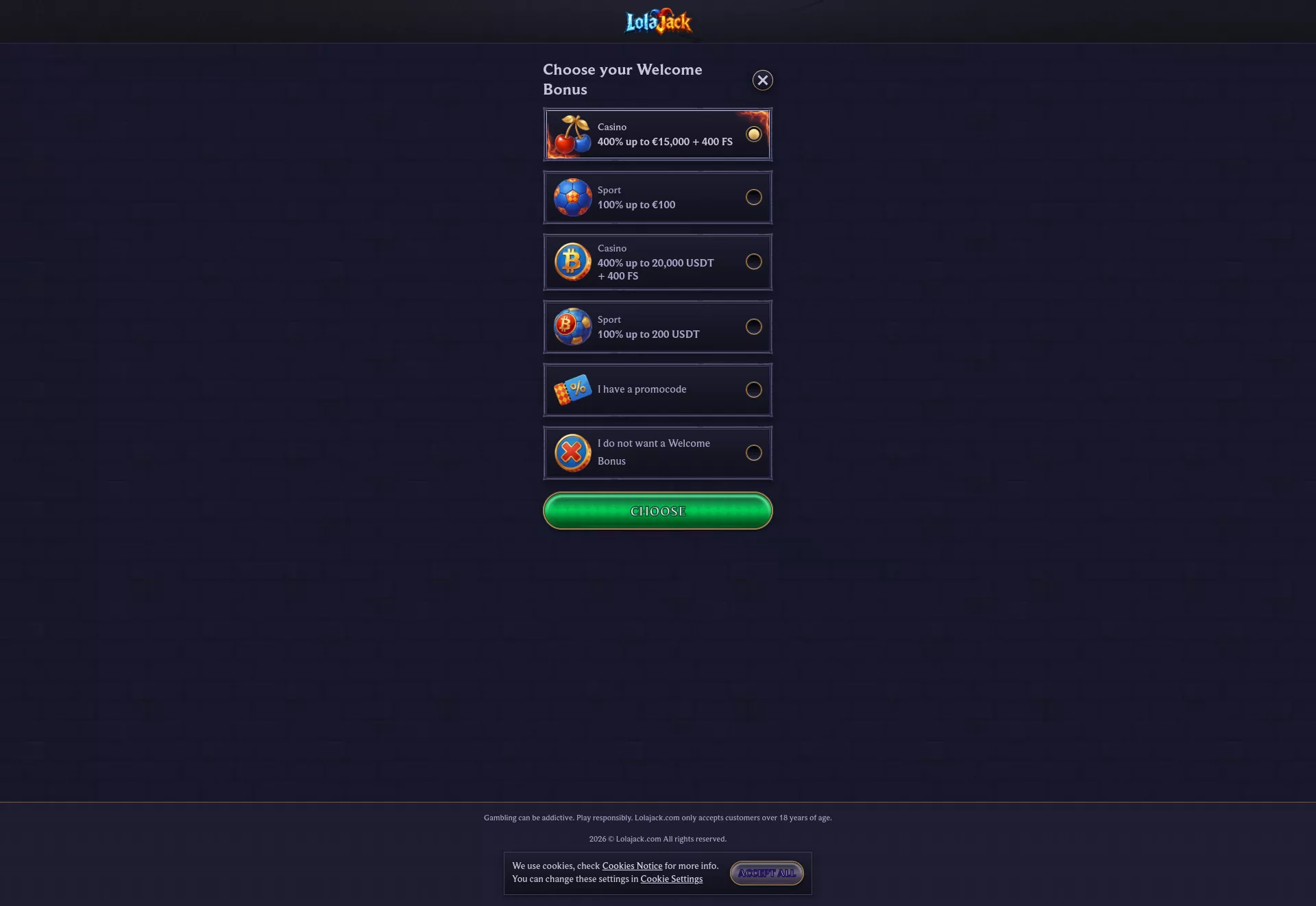 Desktop screen. LolaJack Bis zu €15000 + 400 FS
