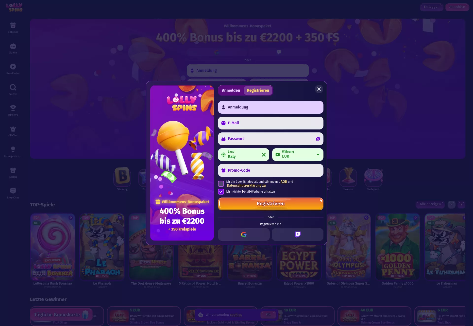 Desktop screen. Lolly Spins Casino Fino a €2200 + 350 FS