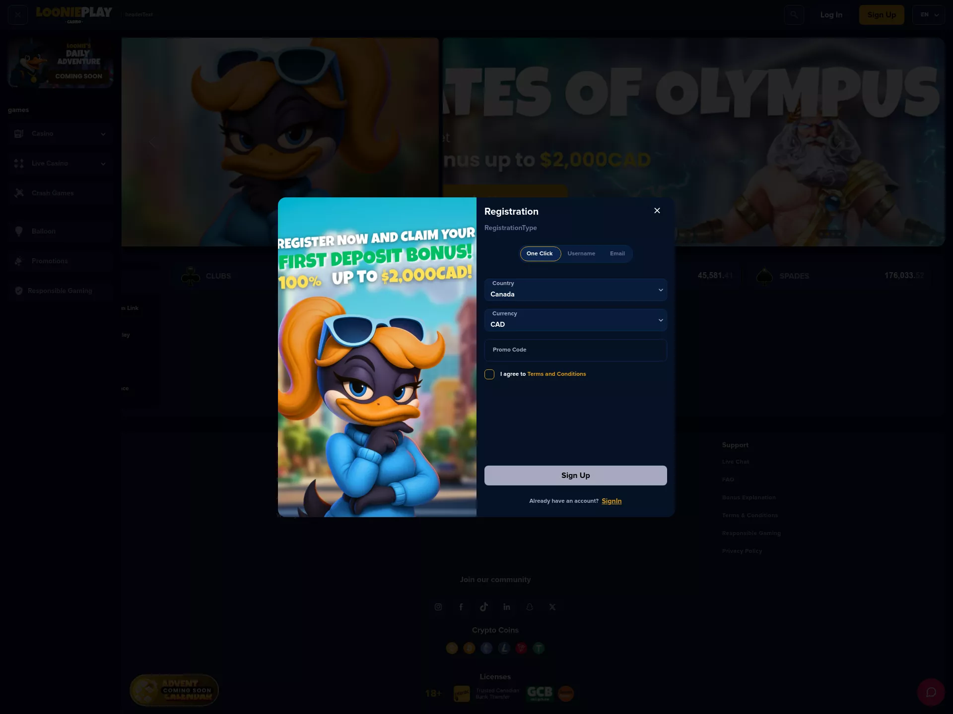 Desktop screen. LooniePlay Up to C$2000