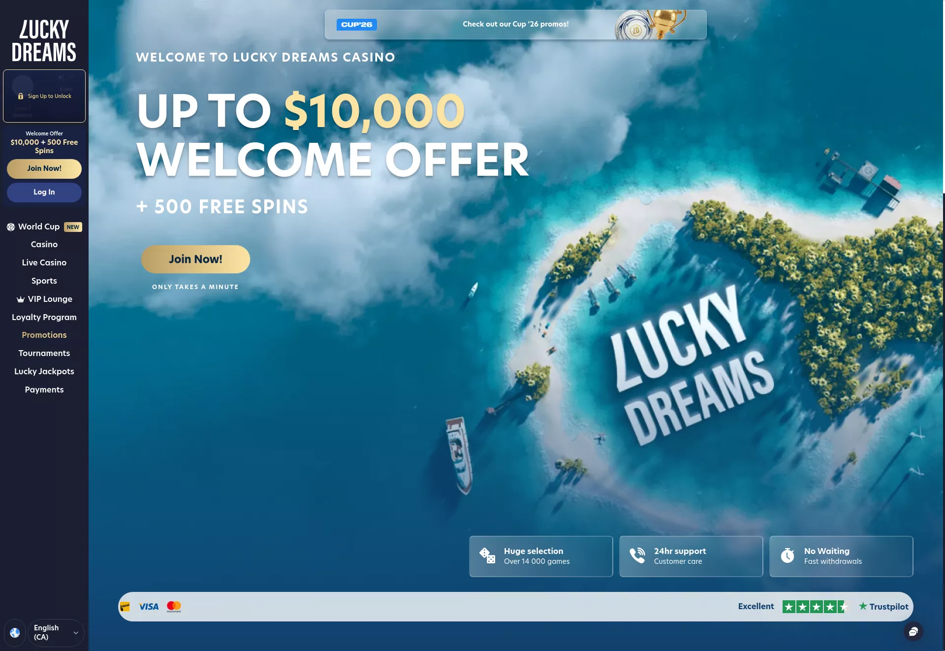 Desktop screen. Lucky Dreams Up to $10000 + 500 FS