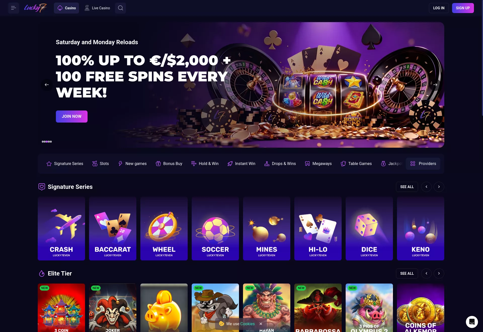 Desktop screen. Lucky7 Casino 100% up to $1000 + 100 FS