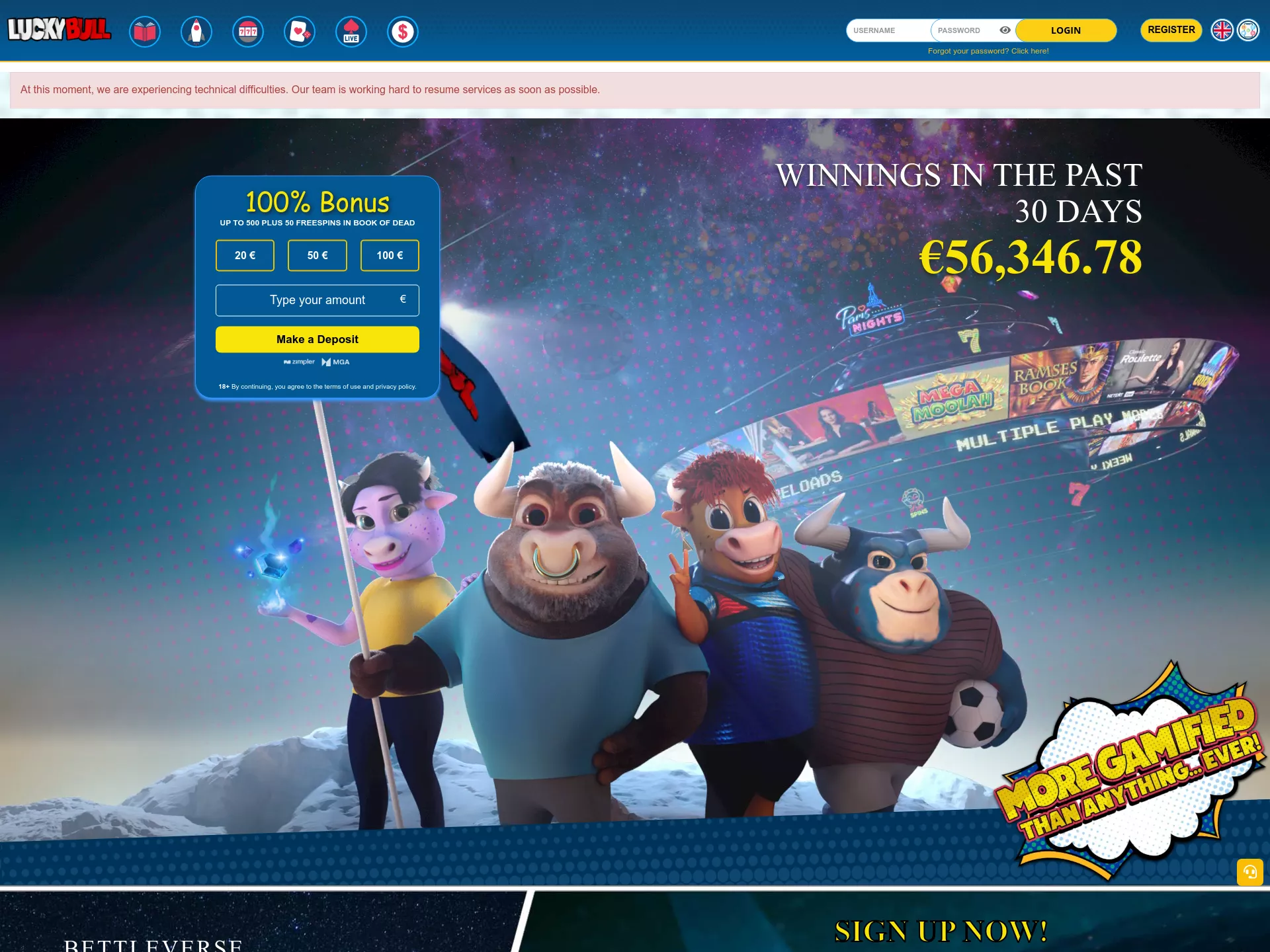 Desktop screen. LuckyBull Casino 100% до $888