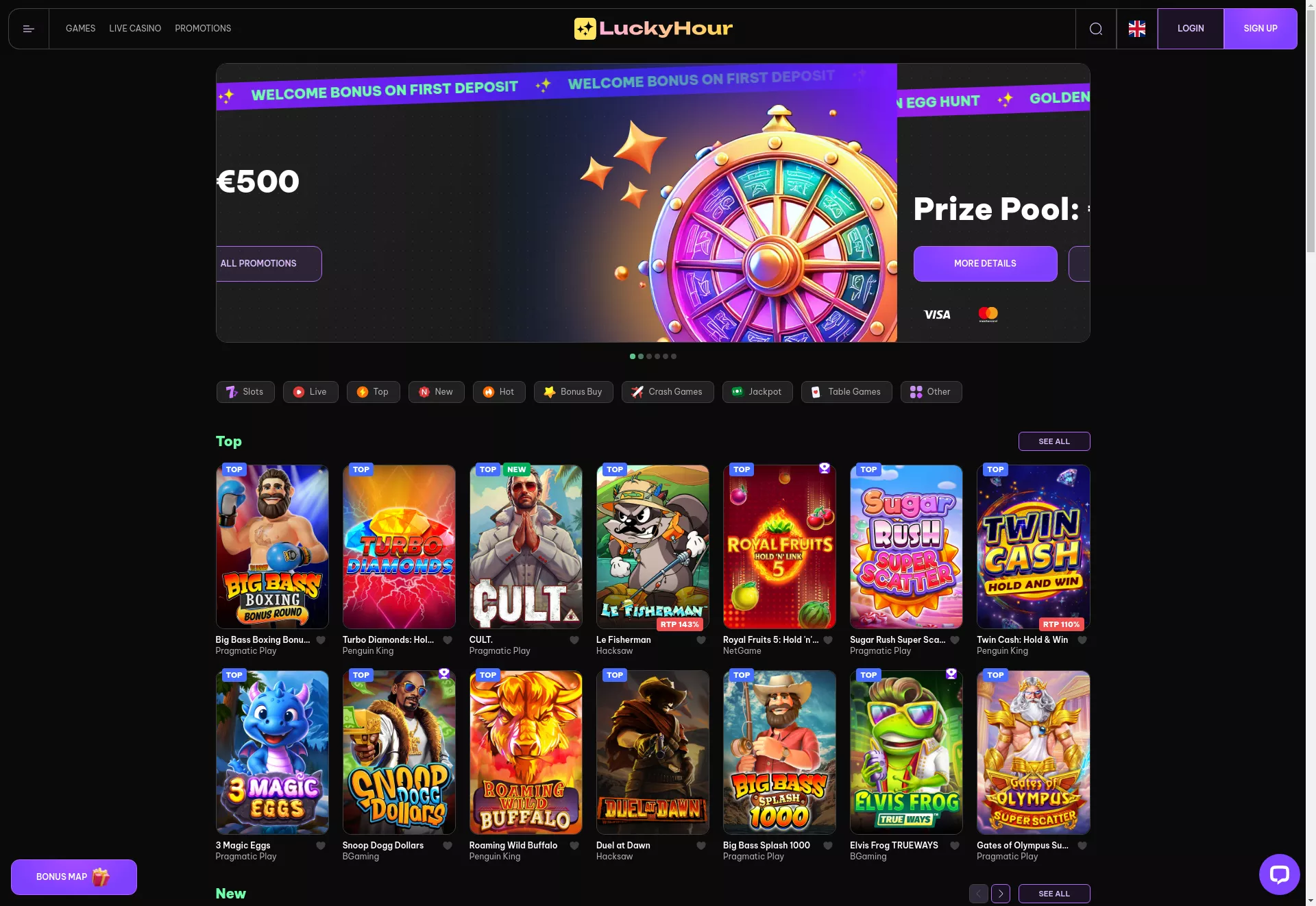 Desktop screen. LuckyHour 120% up to €500 + 125 FS