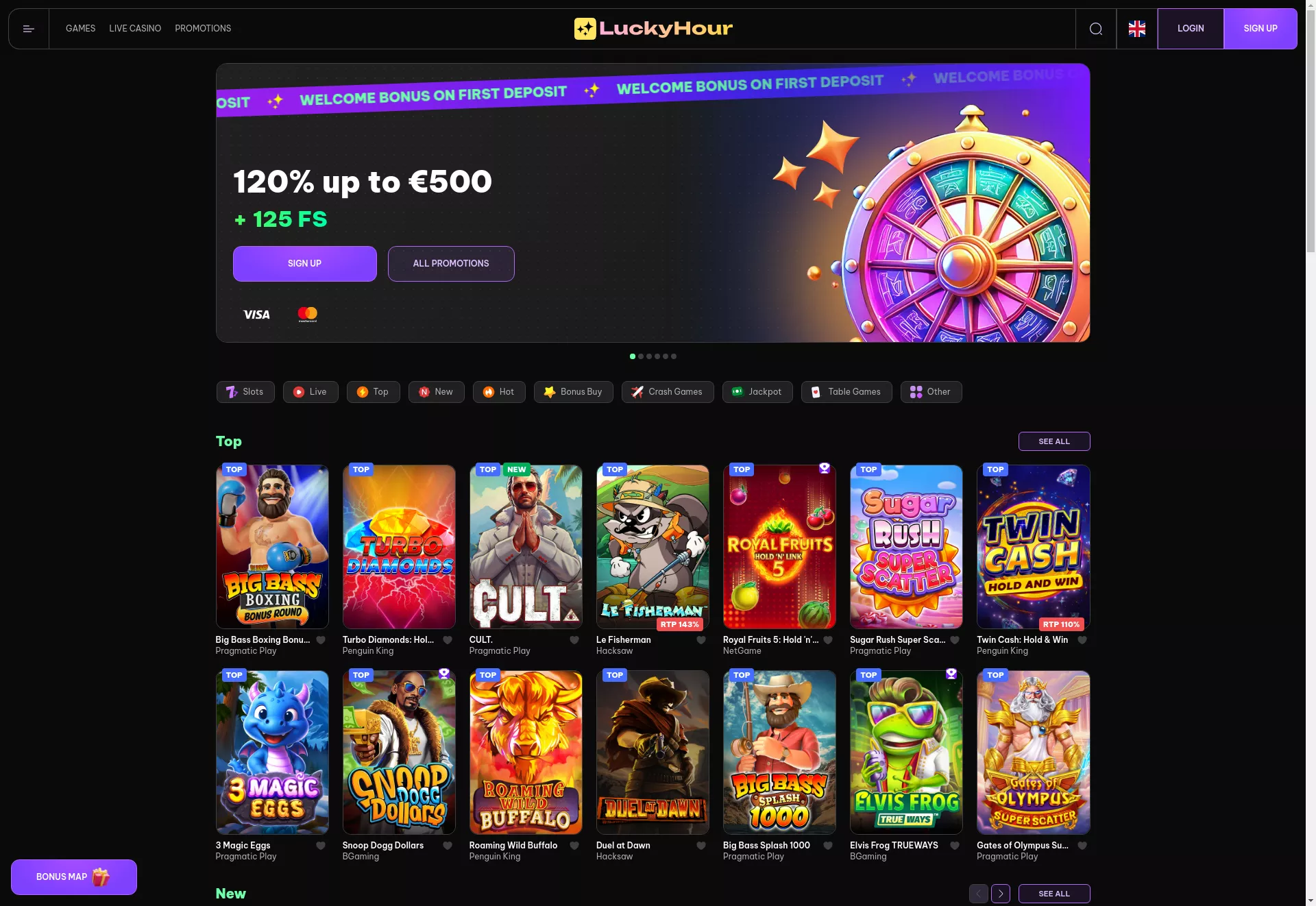 Desktop screen. LuckyHour 120% up to C$800 + 125 FS