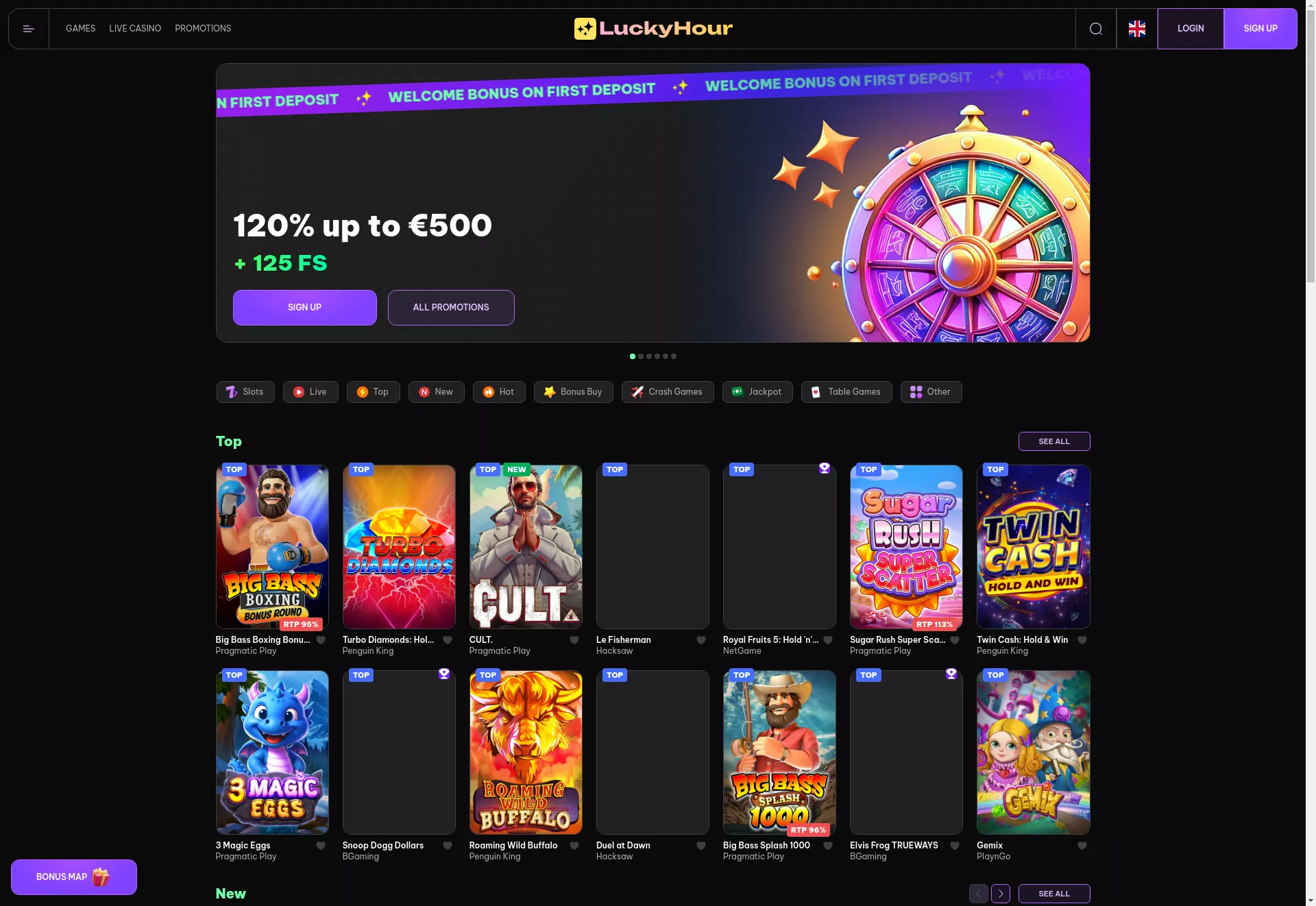 Desktop screen. LuckyHour 120% up to $500 + 125 FS