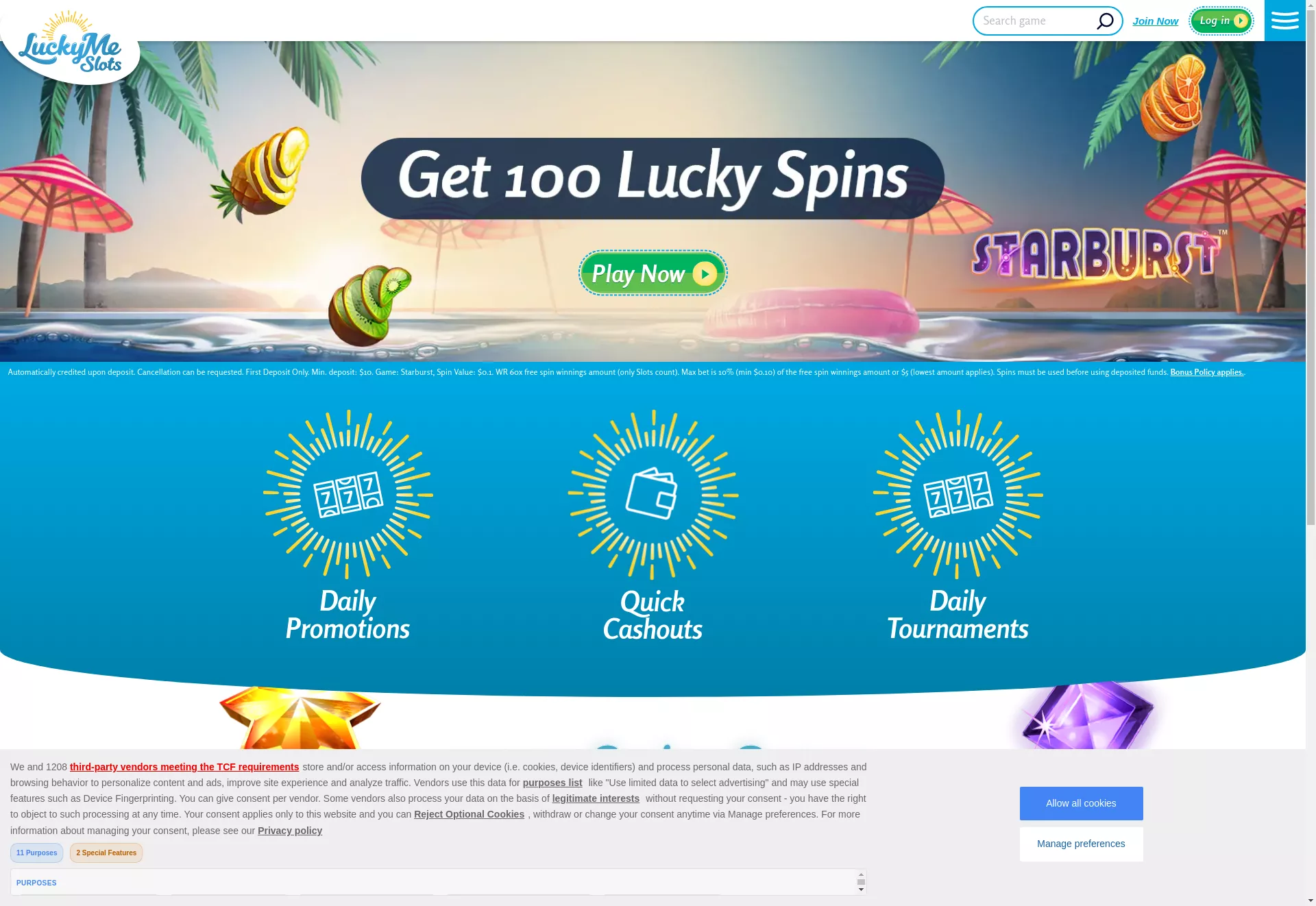 Desktop screen. LuckyMe Slots Get 100 FS