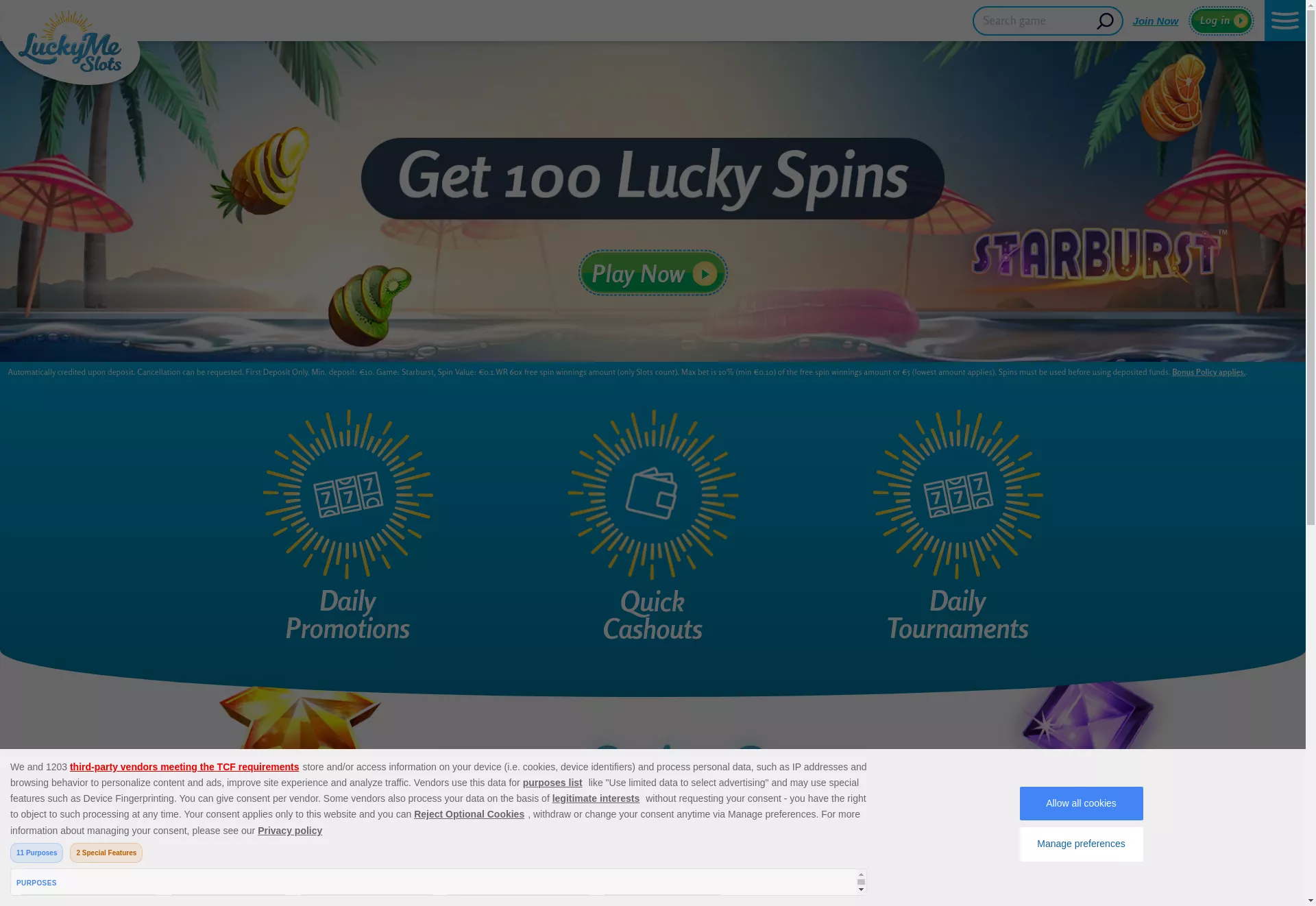 Desktop screen. LuckyMe Slots Get 100 Free Spins
