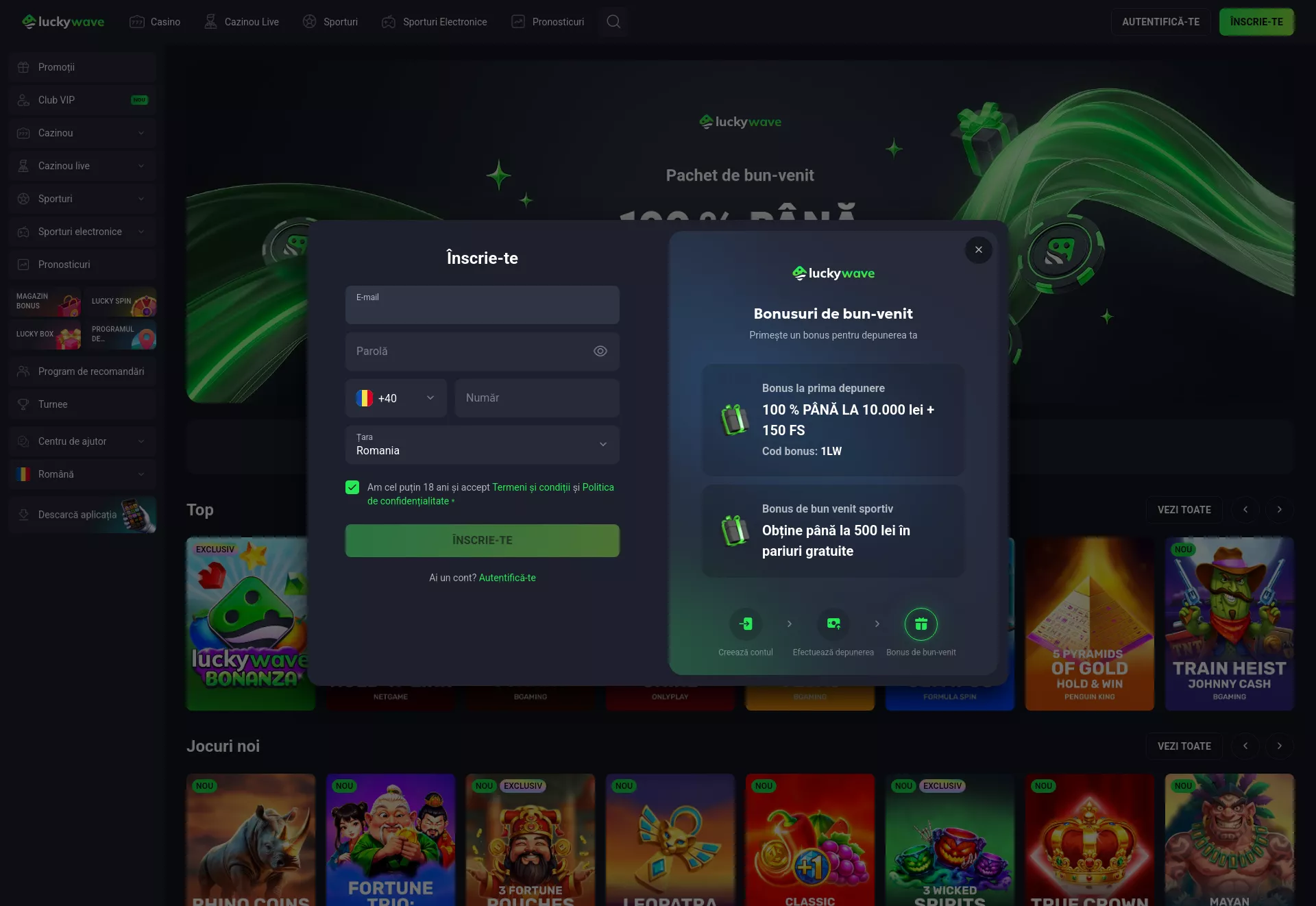 Desktop screen. LuckyWave Până la €15000 + 300 FS
