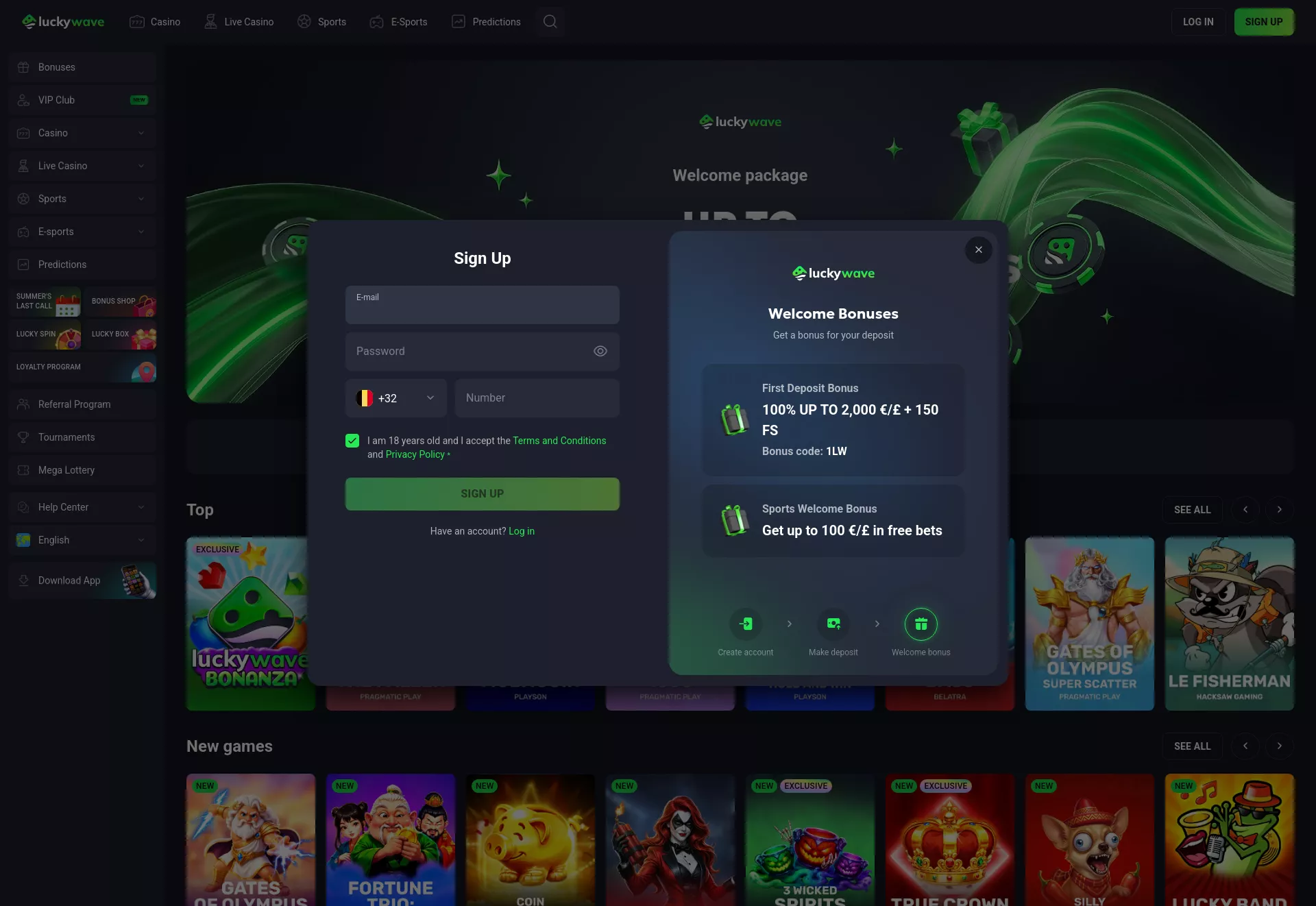 Desktop screen. LuckyWave Up to €15000 + 300 FS