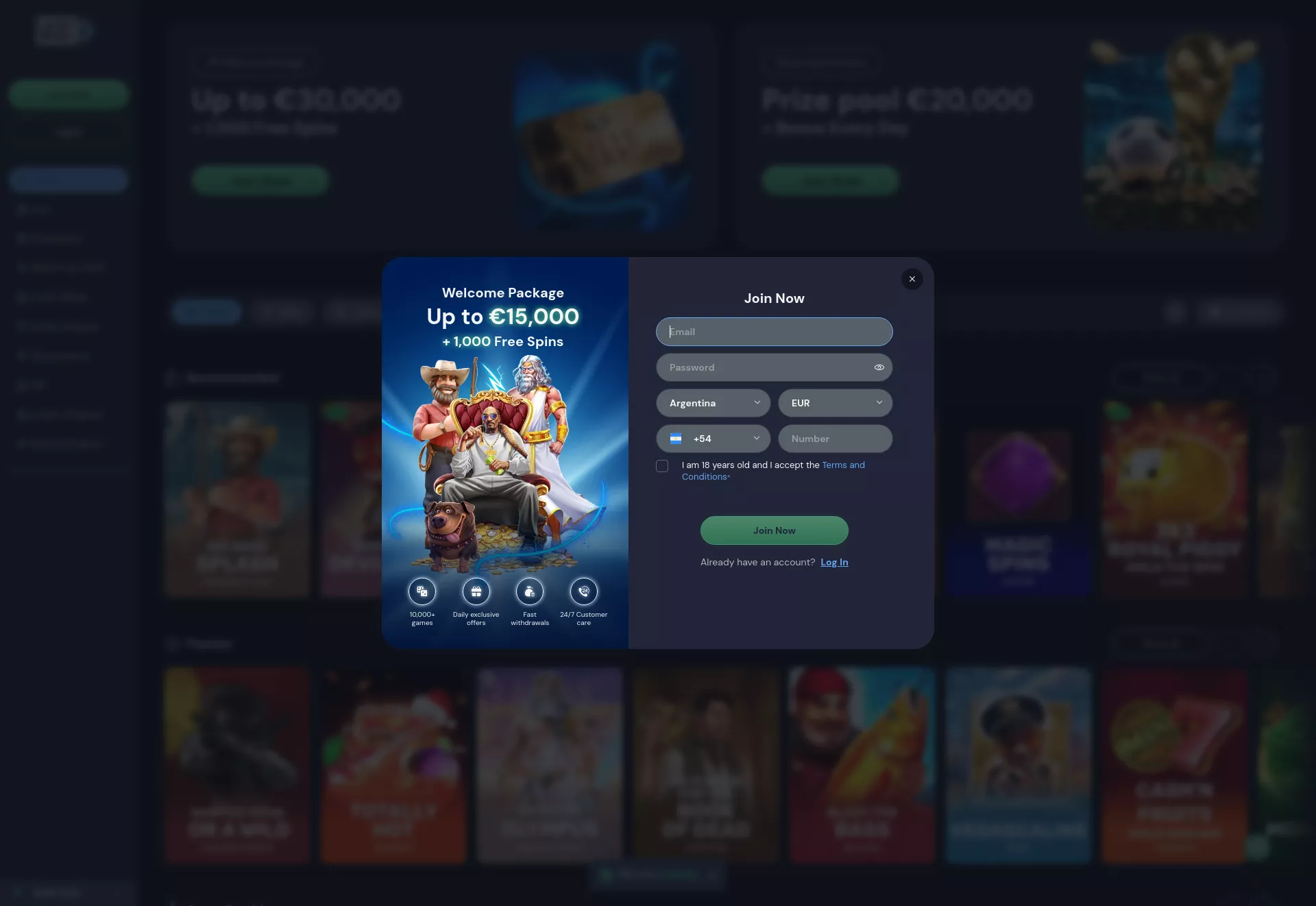 Desktop screen. LuckyWins Up to $15000 + 1000 FS