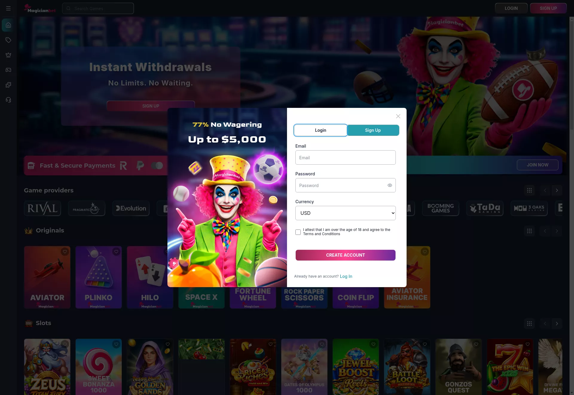 Desktop screen. Magicianbet Up to $1500