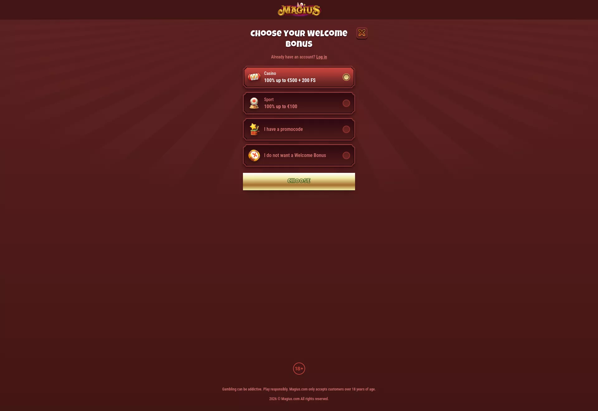 Desktop screen. Magius Casino 100% up to $500 + 200 FS + 1 Bonus Crab
