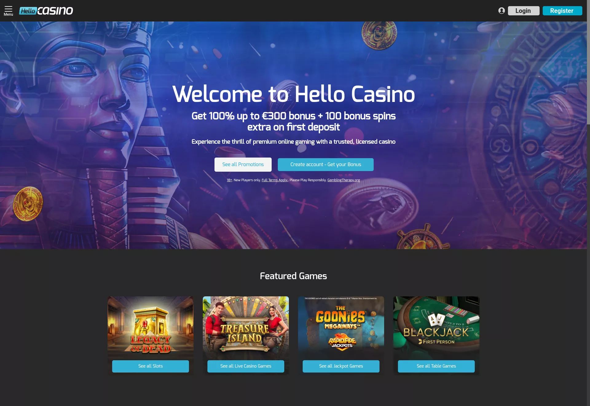 Desktop screen. Main Stage Bingo Up to €100 + 50 FS