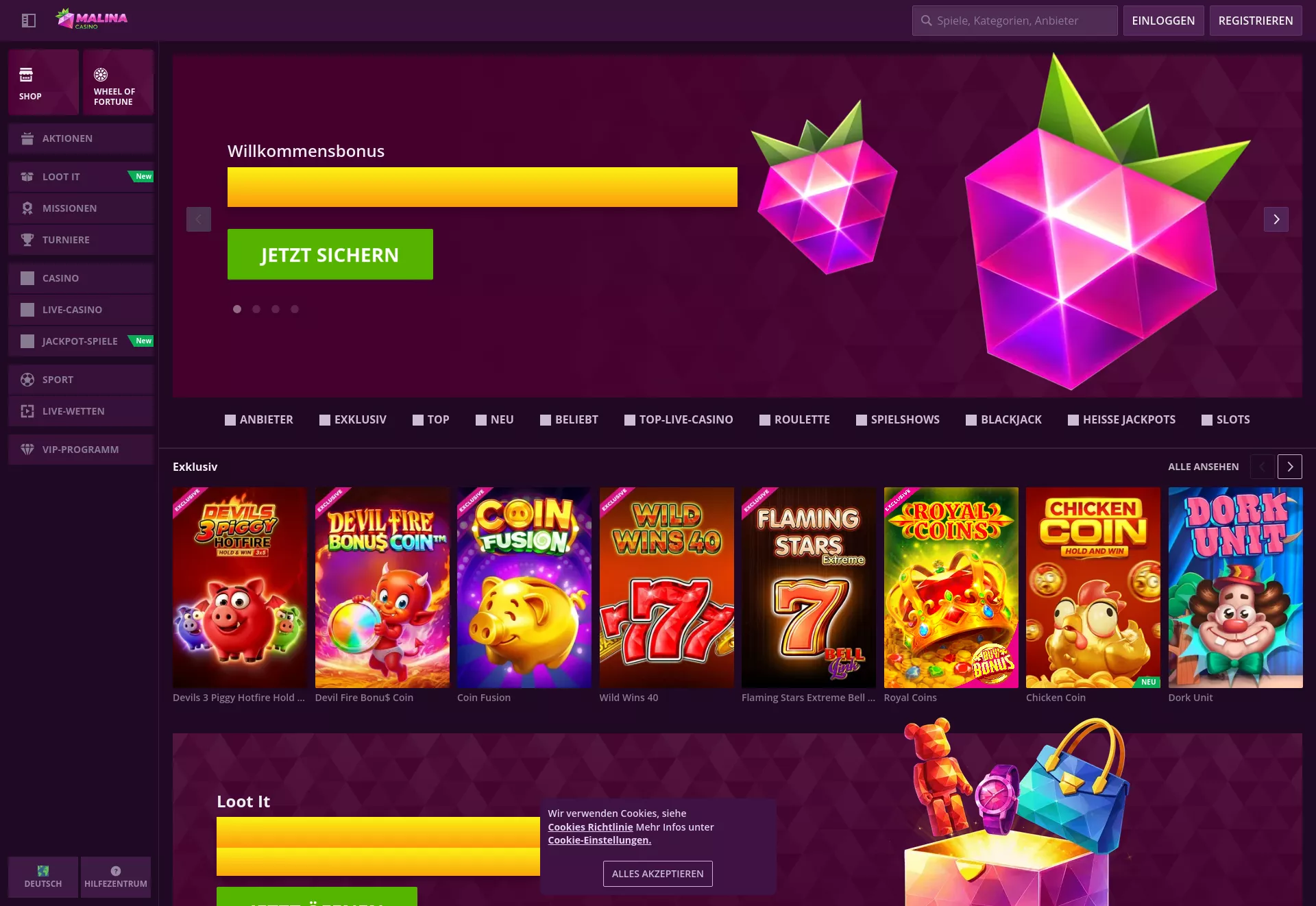 Desktop screen. Malina Casino 100% up to $500 + 200 FS + 1 Bonus Crab