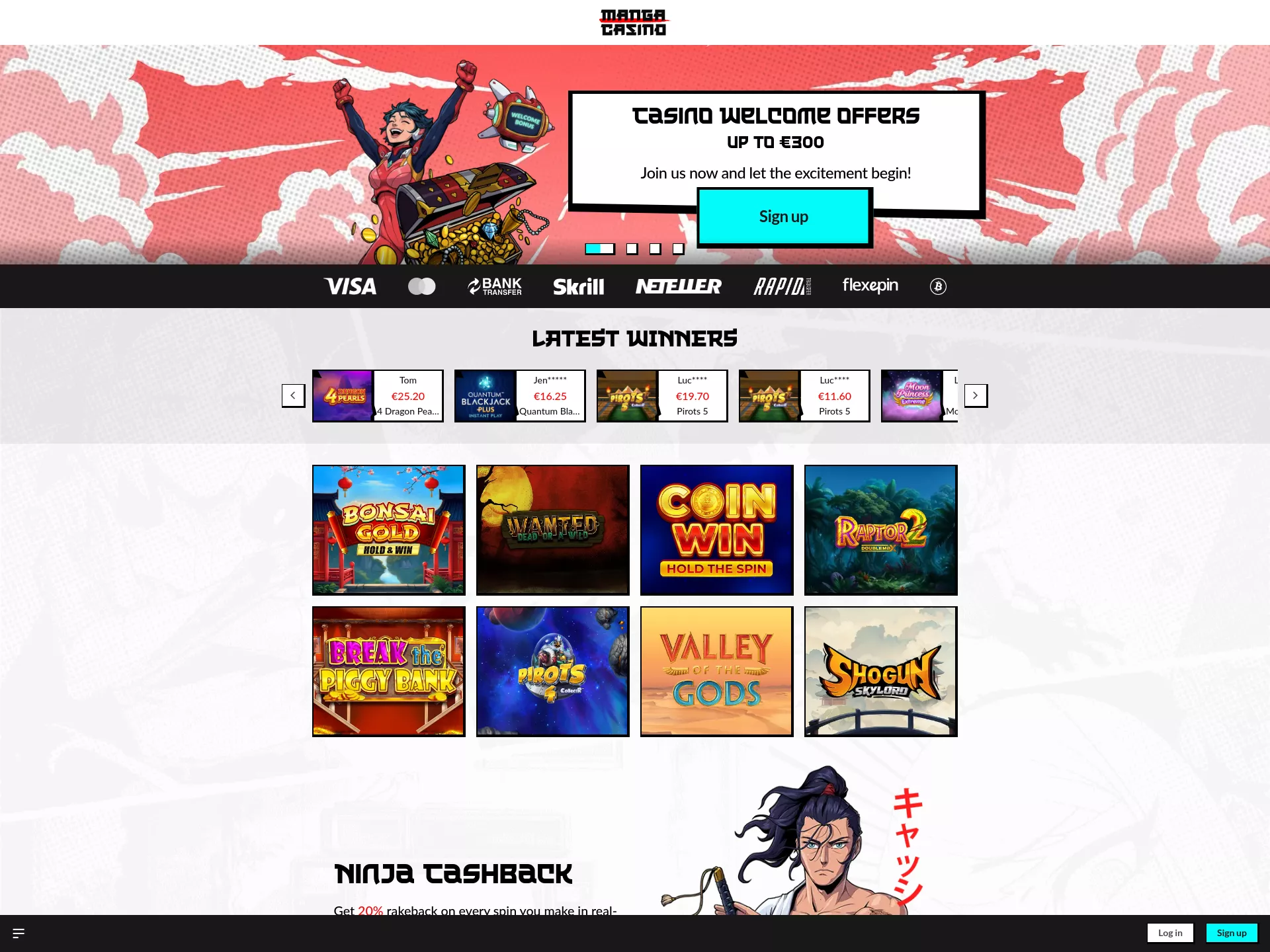 Desktop screen. Manga Casino Up to $300 + 50 FS