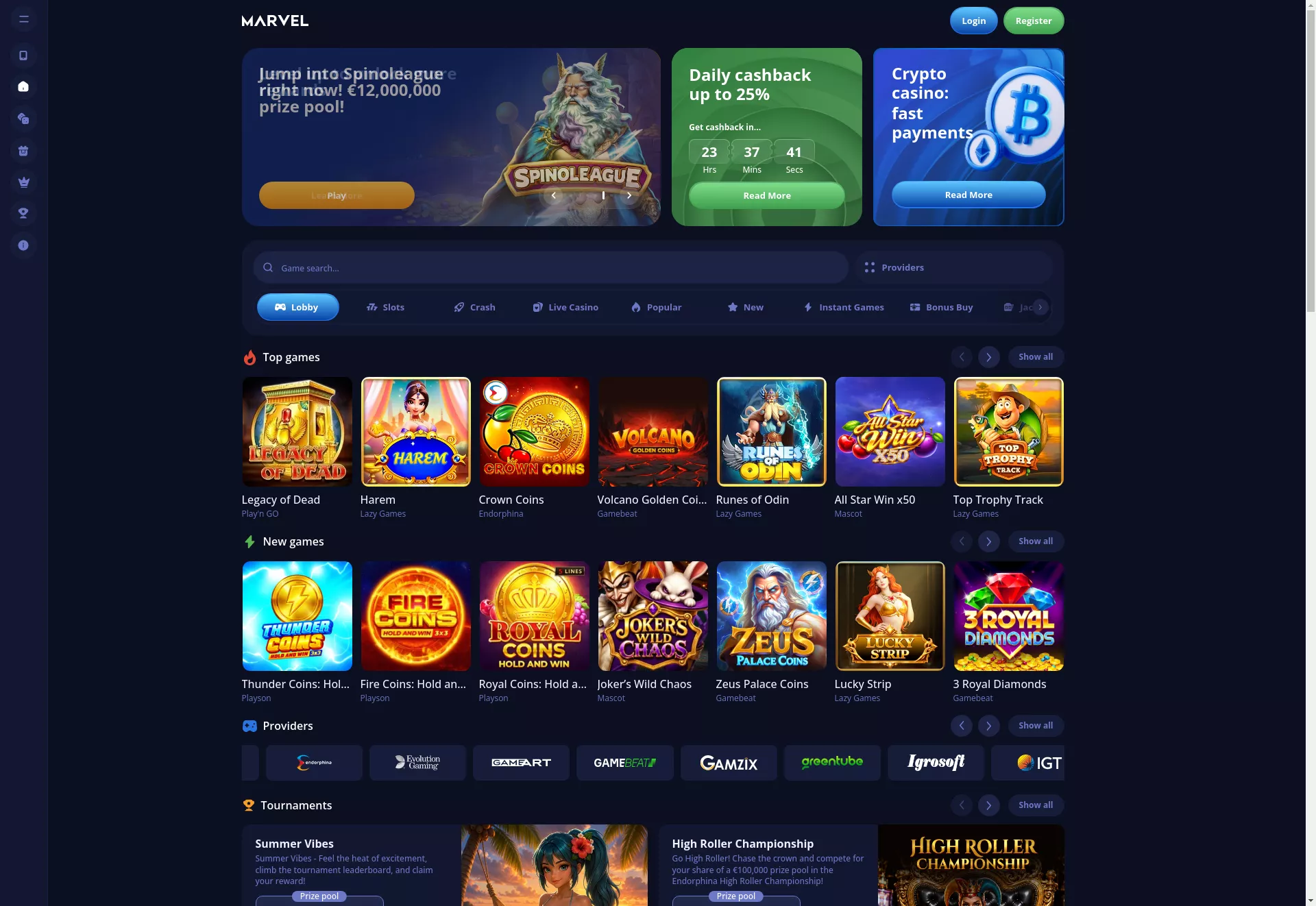 Desktop screen. Marvel Casino 700% + 500 FS
