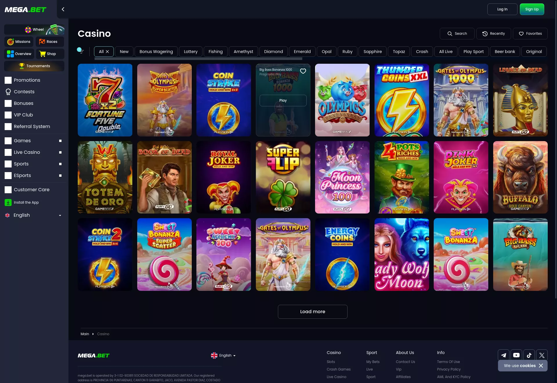 Desktop screen. Casino MegaBet Up to $12000 + 777 FS