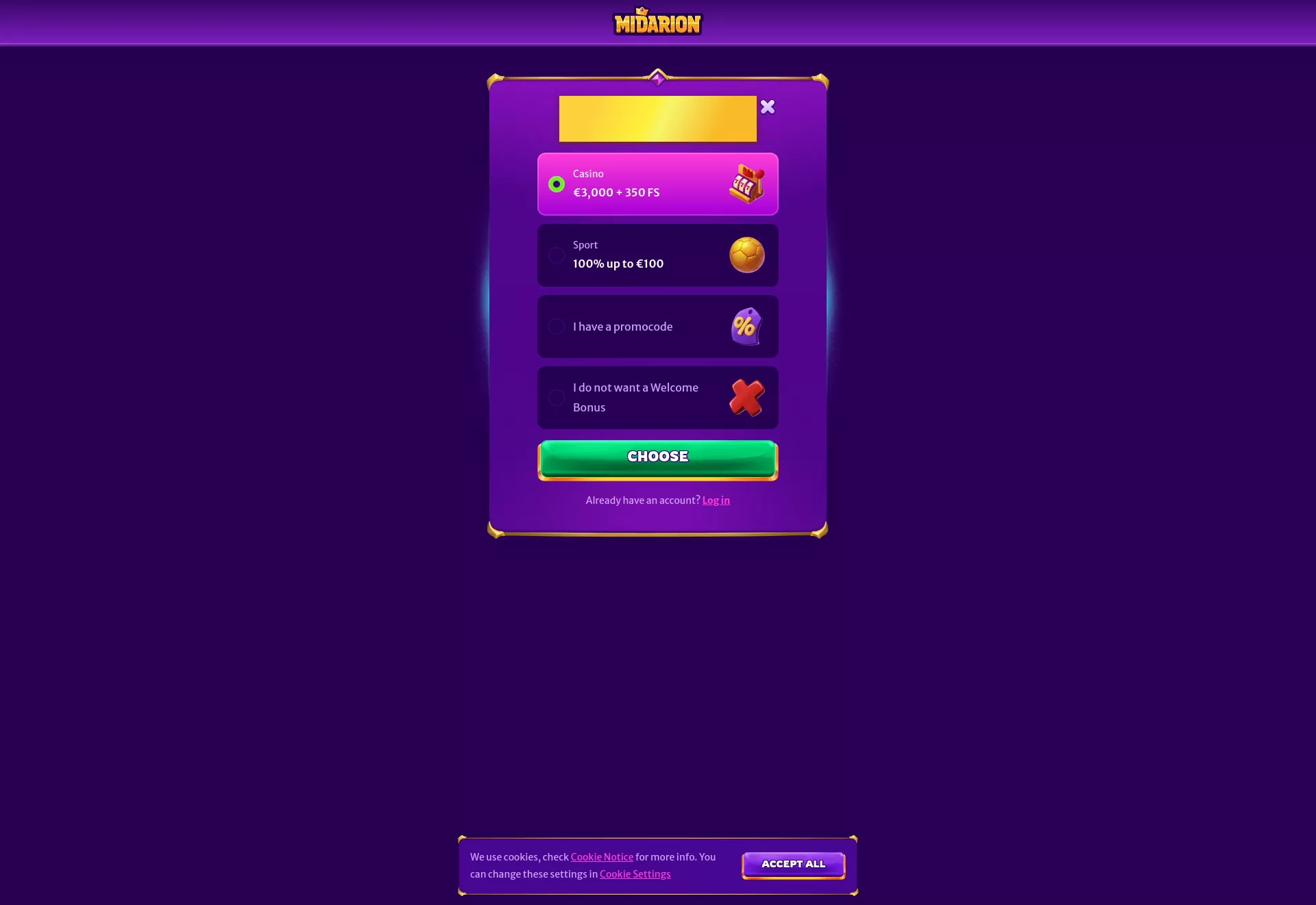 Desktop screen. Midarion Up to €3000 + 350 + 1 Bonus Crab