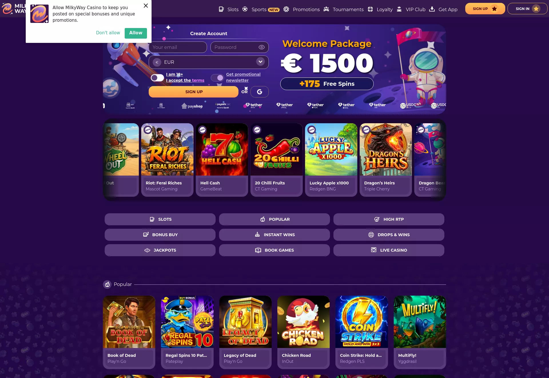 Desktop screen. MilkyWay Casino Up to $1500 + 175 FS