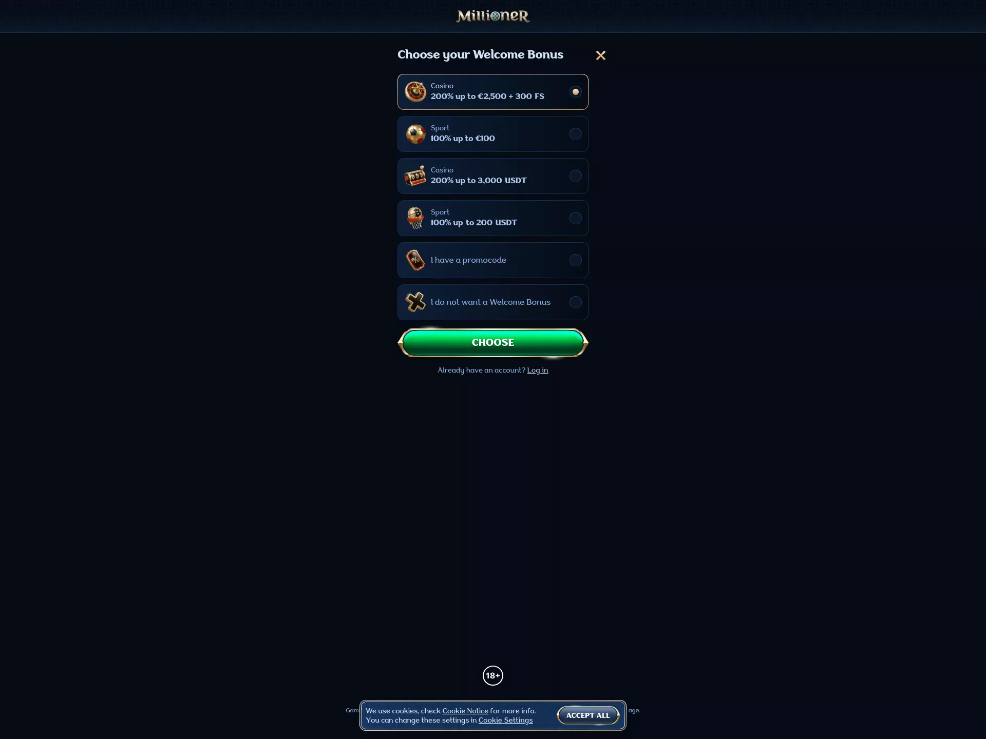 Desktop screen. Millioner Casino Up to $2500 + 300 FS