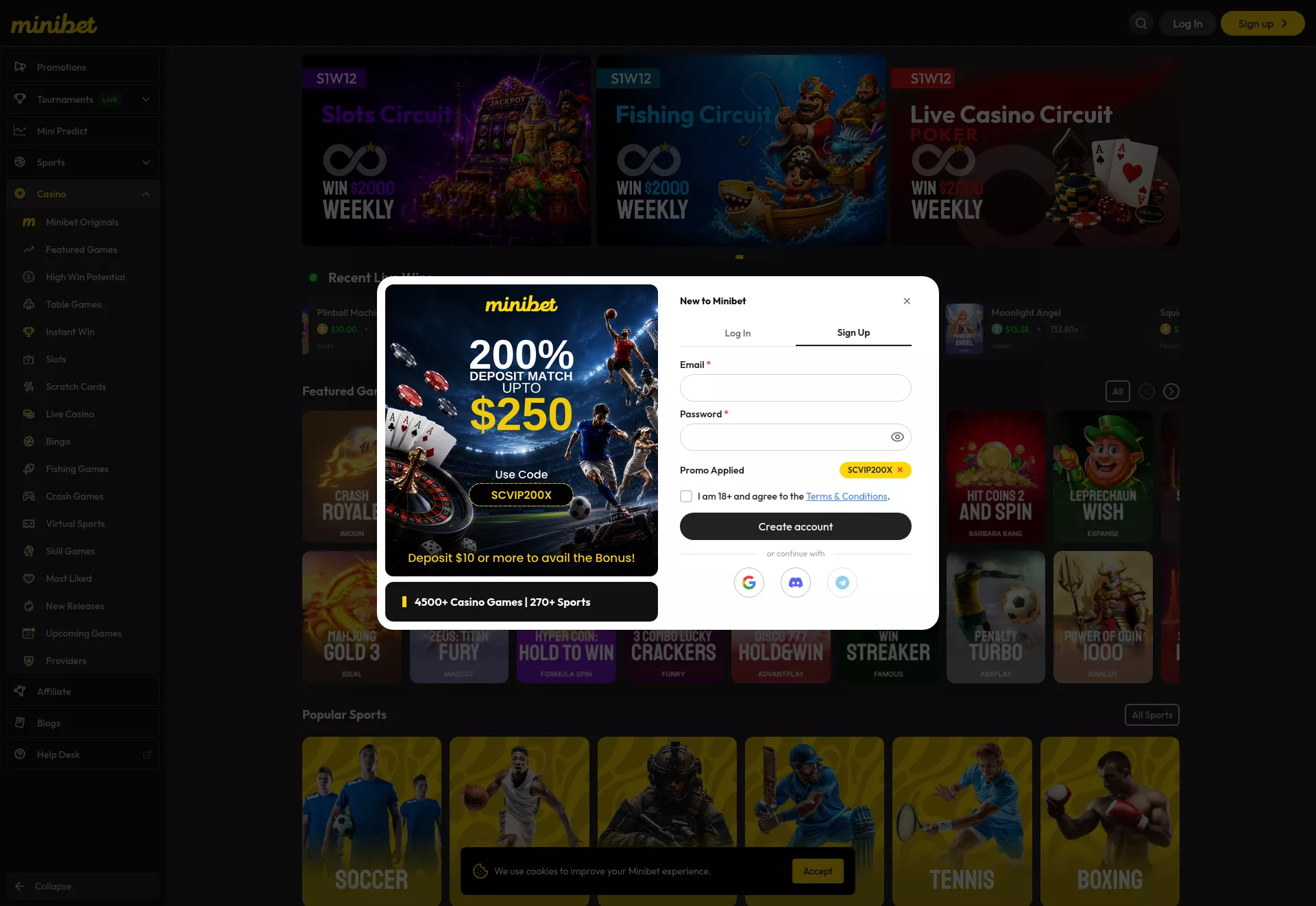 Desktop screen. Minibet Games 200% up to ₮250