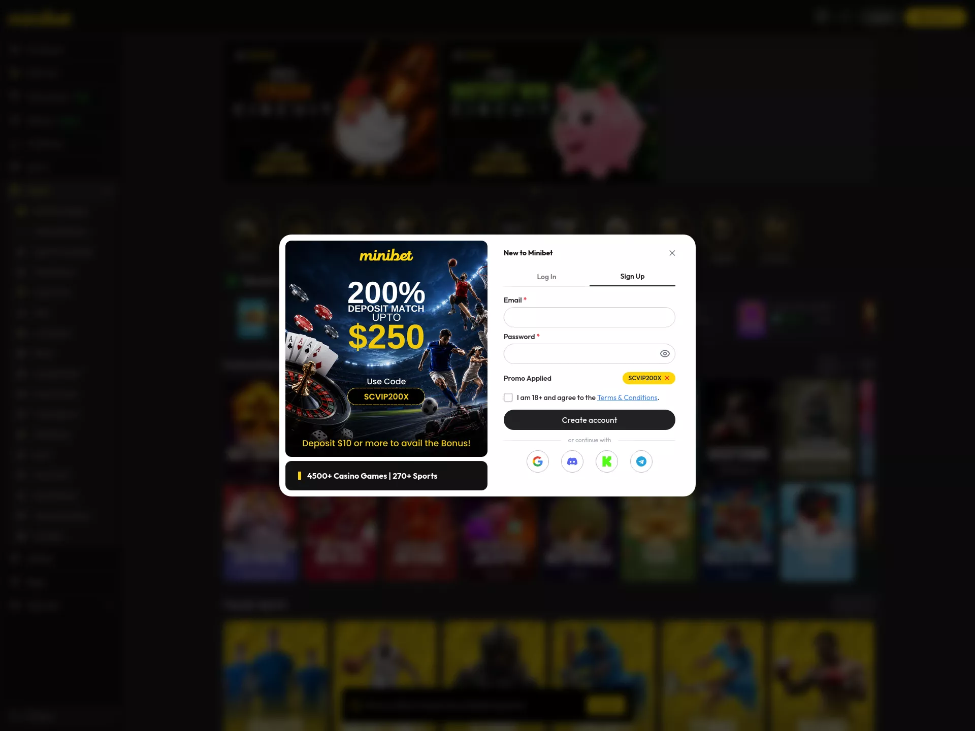 Desktop screen. Minibet Games 200% up to ₮250