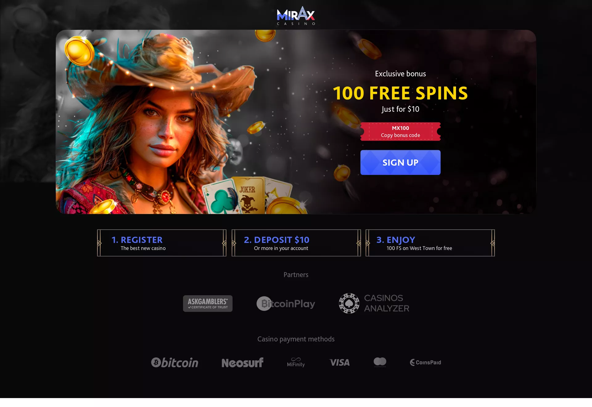 Desktop screen. Mirax Casino Get 100 Free Spins