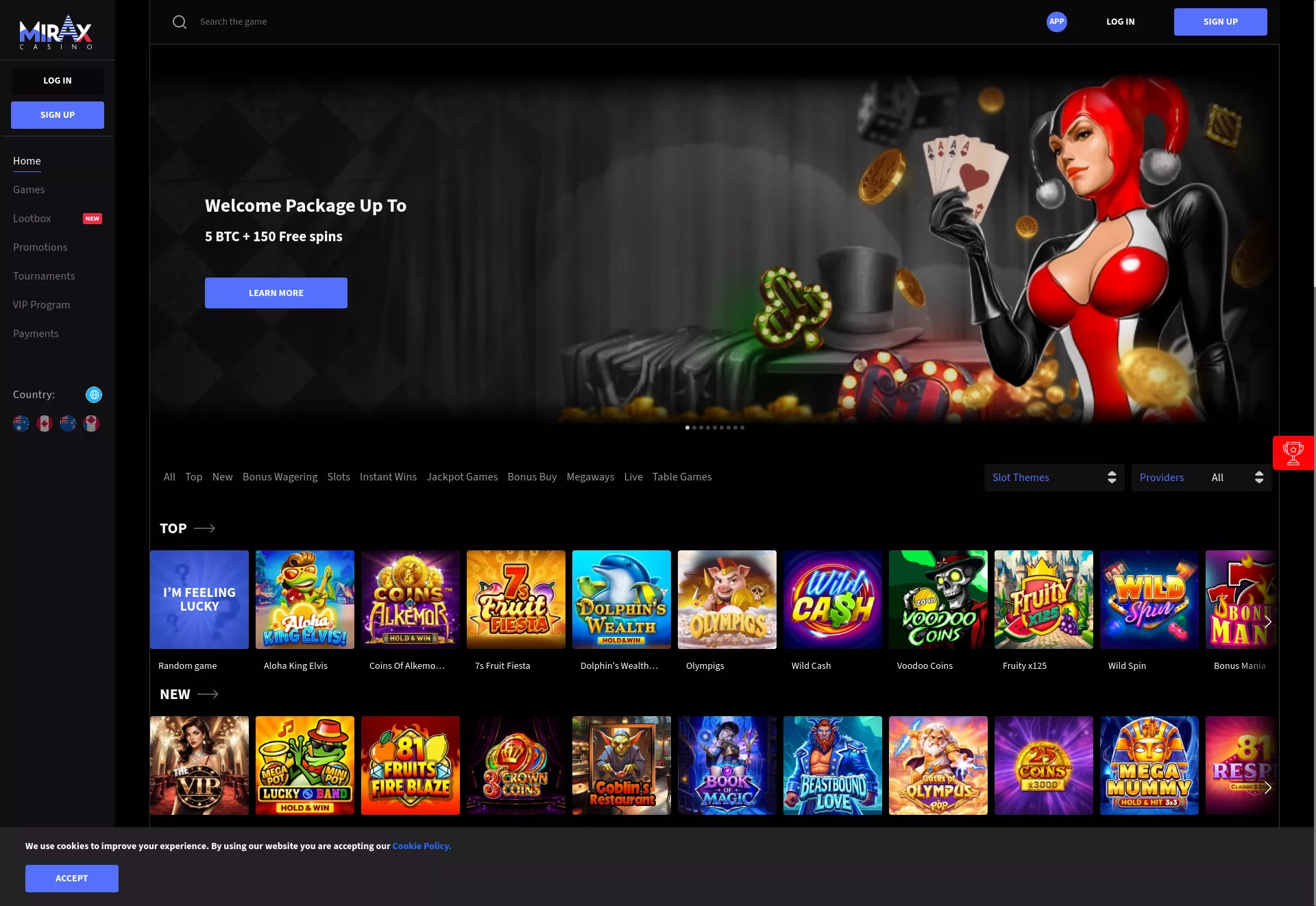 Desktop screen. Mirax Casino Up to $4000 + 150 FS