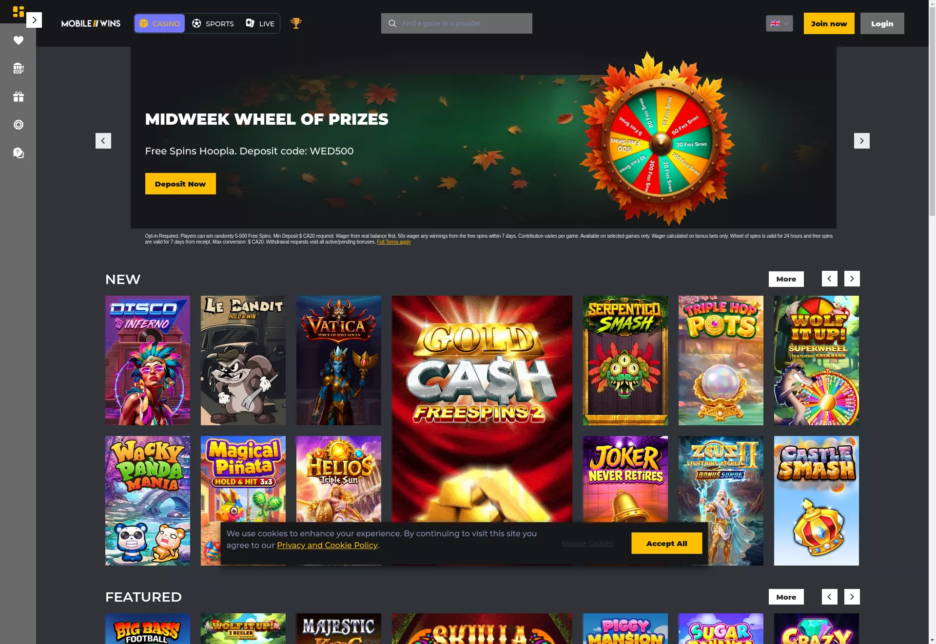 Desktop screen. Mobile Wins 150% up to C$100 + 10 FS