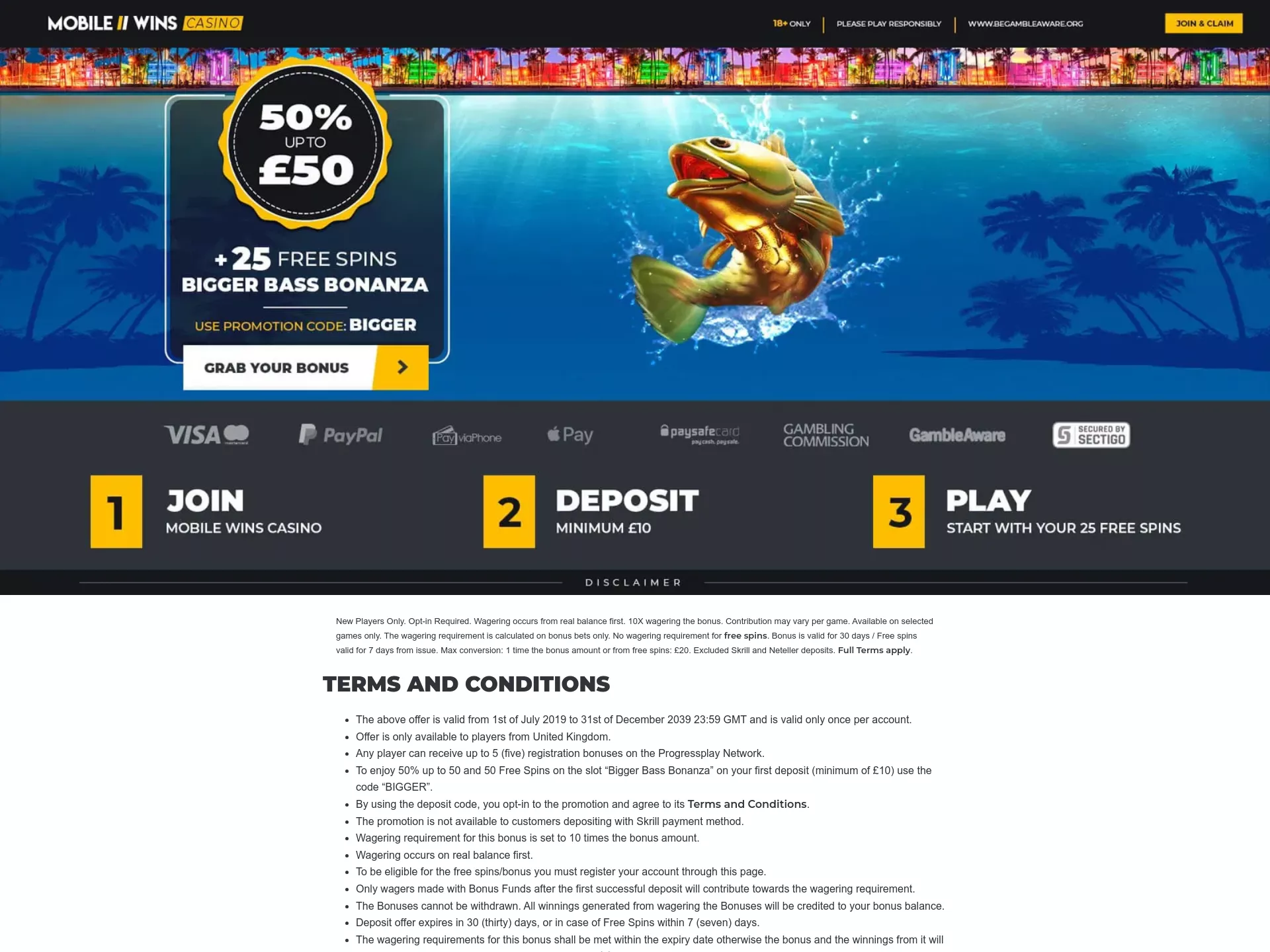Desktop screen. Mobile Wins 150% up to £100 + 10 FS
