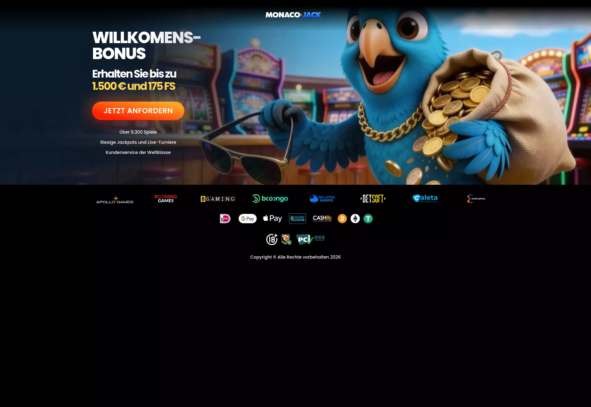 Desktop screen. MonacoJack Up to $2500 + 275 FS