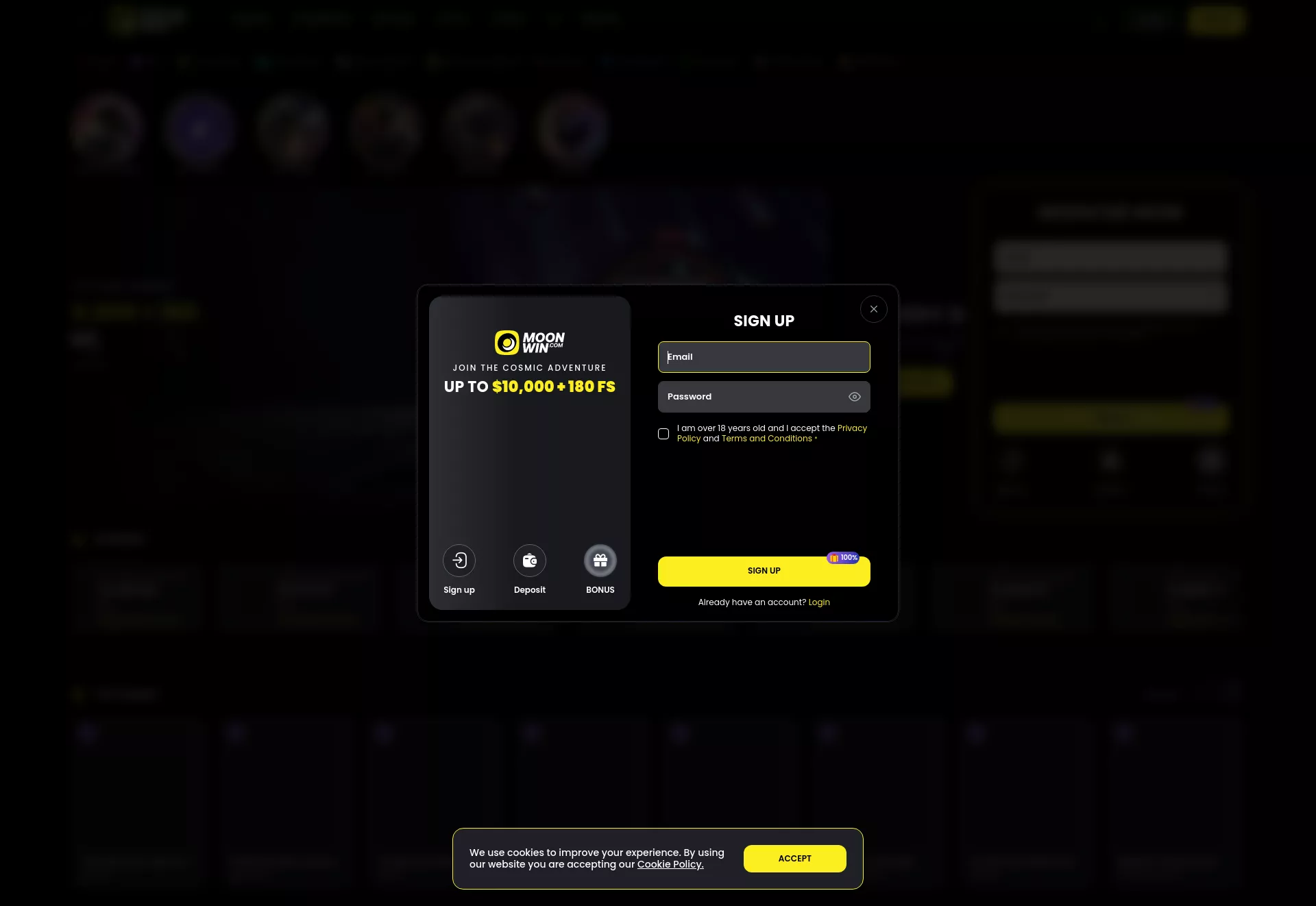 Desktop screen. Moonwin.com Up to C$10000 + 180 FS