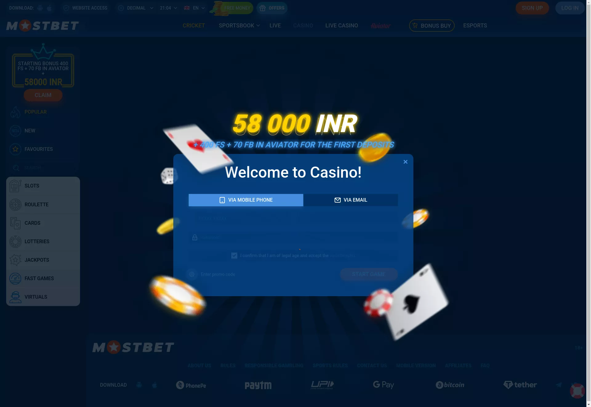 Desktop screen. Mostbet Up to ₹58000 + 345 FS