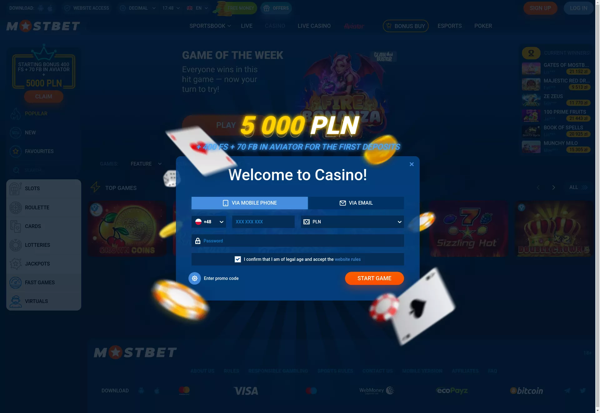 Desktop screen. Mostbet Up to zł5000 + 500 FS