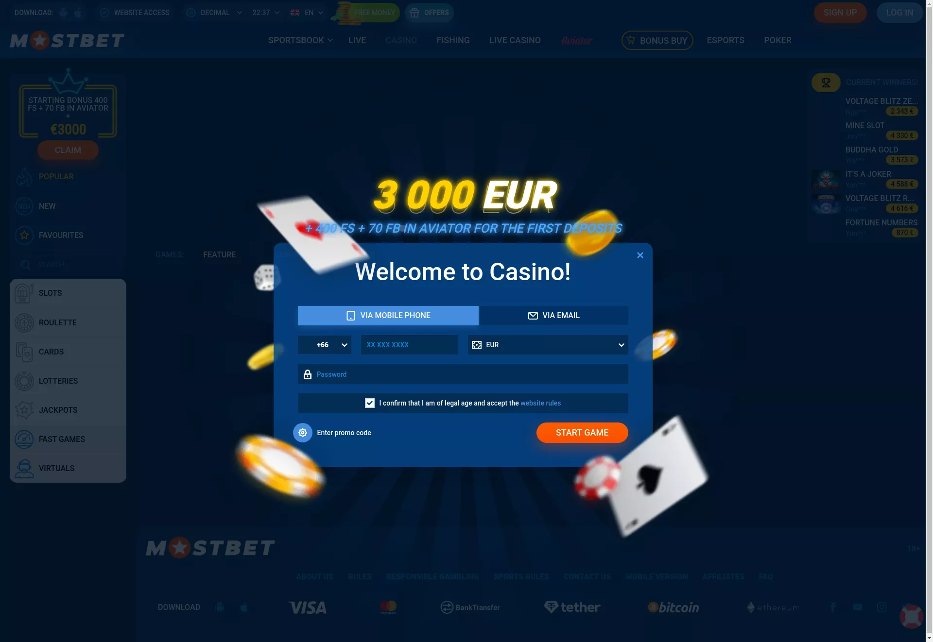 Desktop screen. Mostbet Up to €3000 + 470 FS