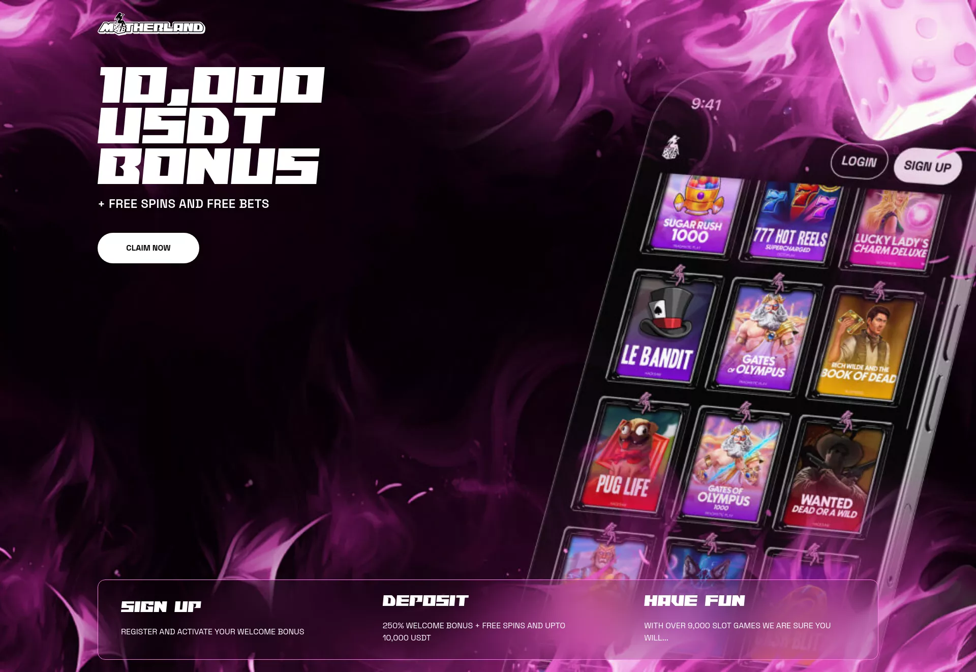 Desktop screen. Motherland Casino 250% up to ₮10000 + 50 FS